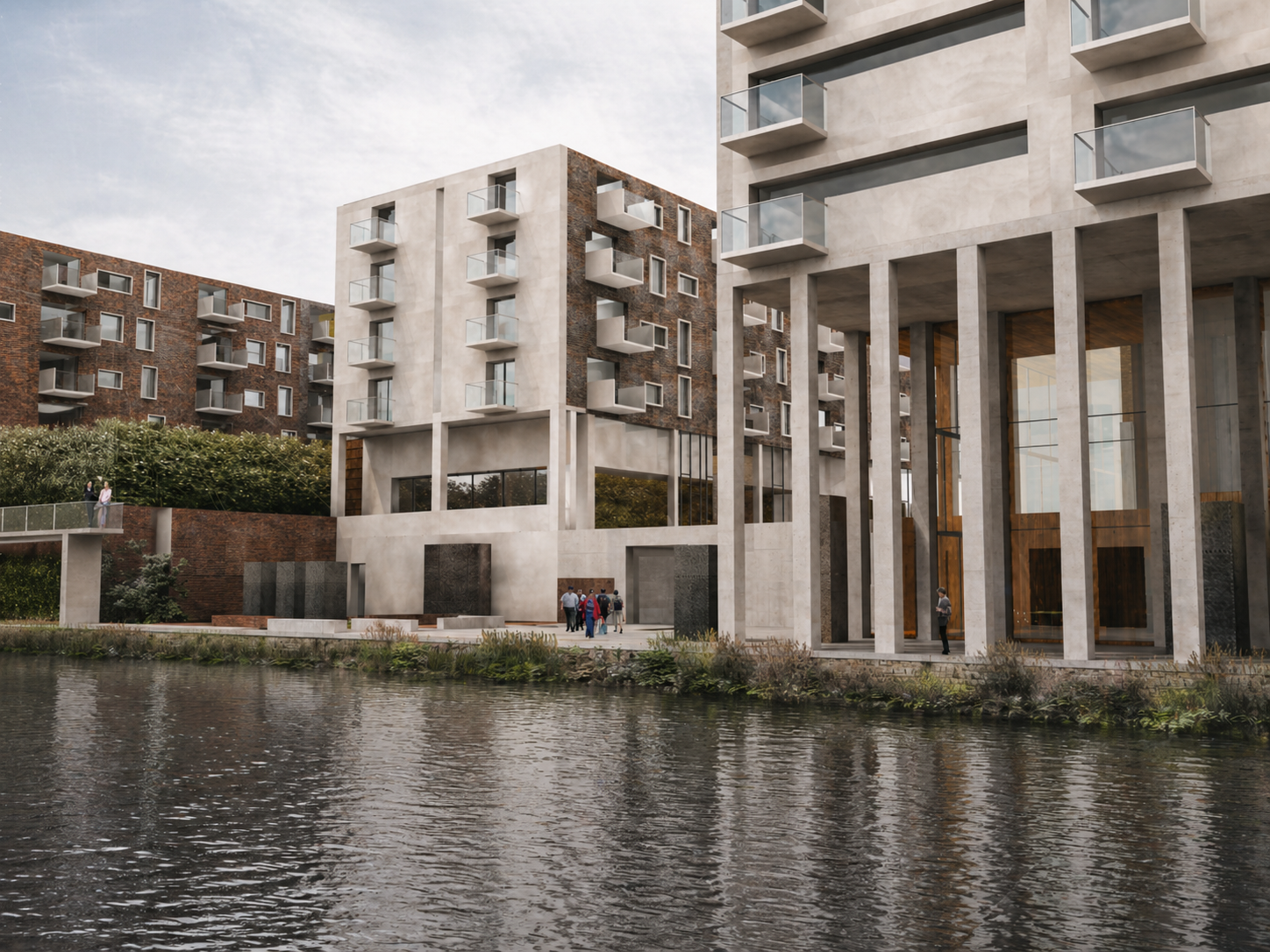 Sun Quarter masterplan — gallery and apartments seen from across the River Irwell