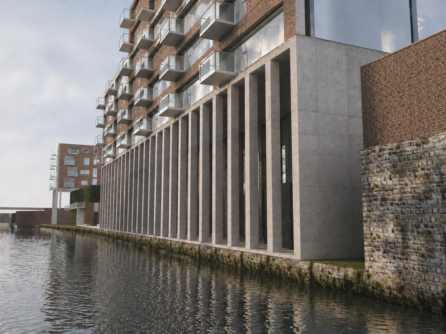 Riverside colonnade — 9.5m high, 64m long concrete columns by the water