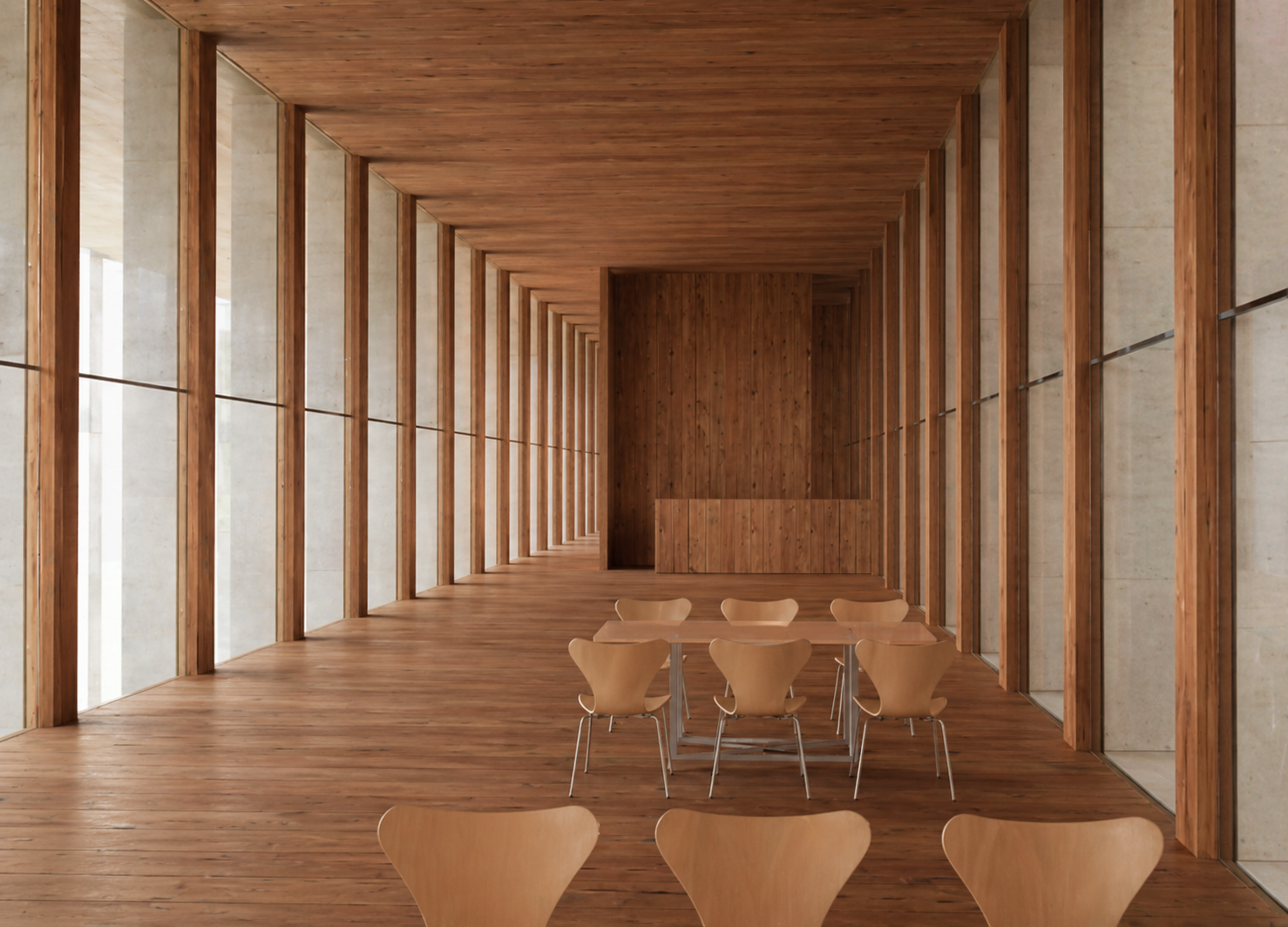 Timber-lined gallery interior with colonnade rhythm