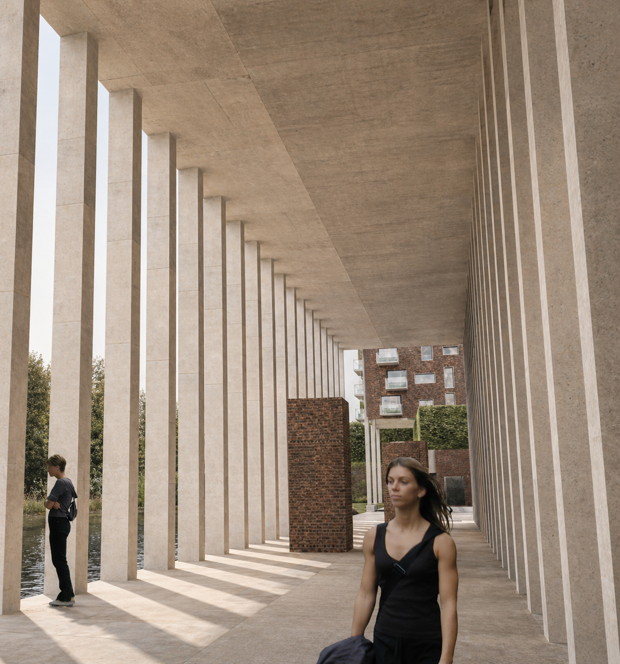 Public walkway along the colonnade — looking out across the river