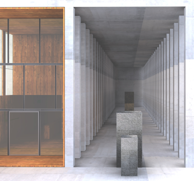 Original 2006 competition render — gallery interior with Rückriem sculpture between the colonnade