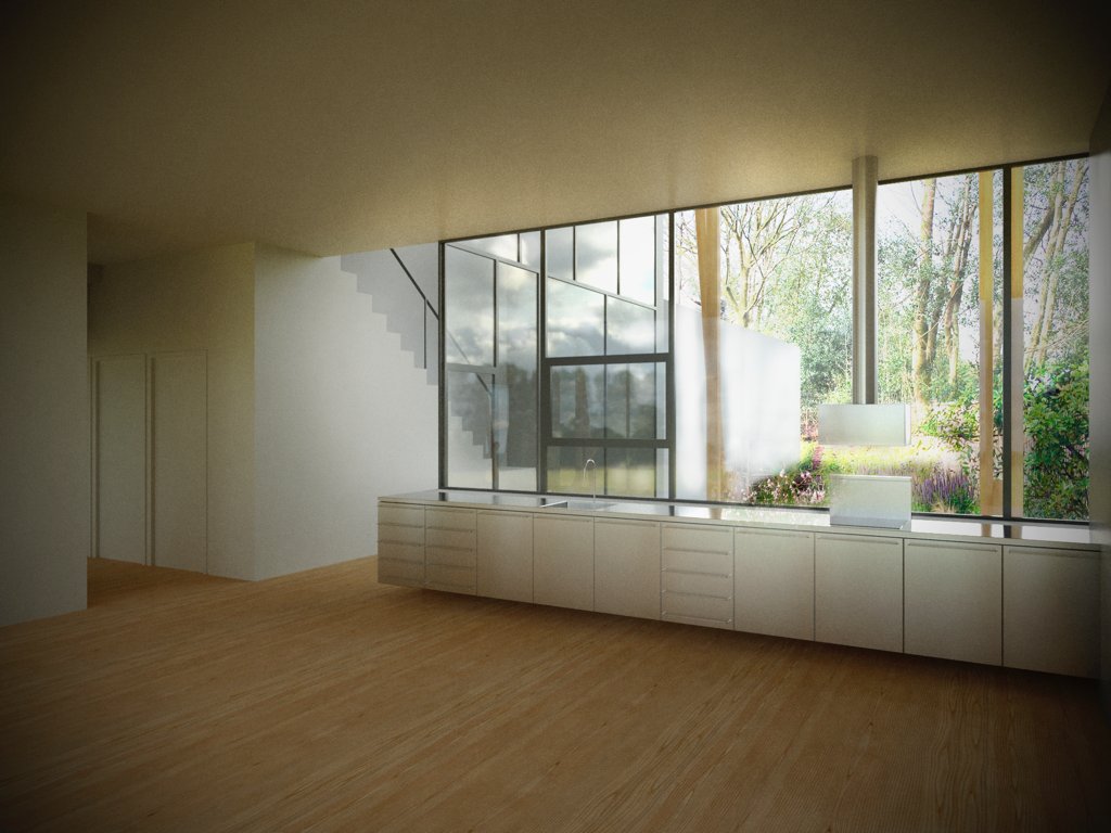 Interior render — kitchen looking to garden