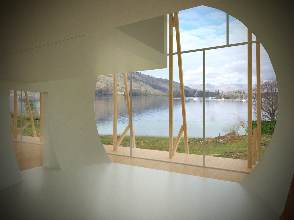 Interior render — circular window framing the lake