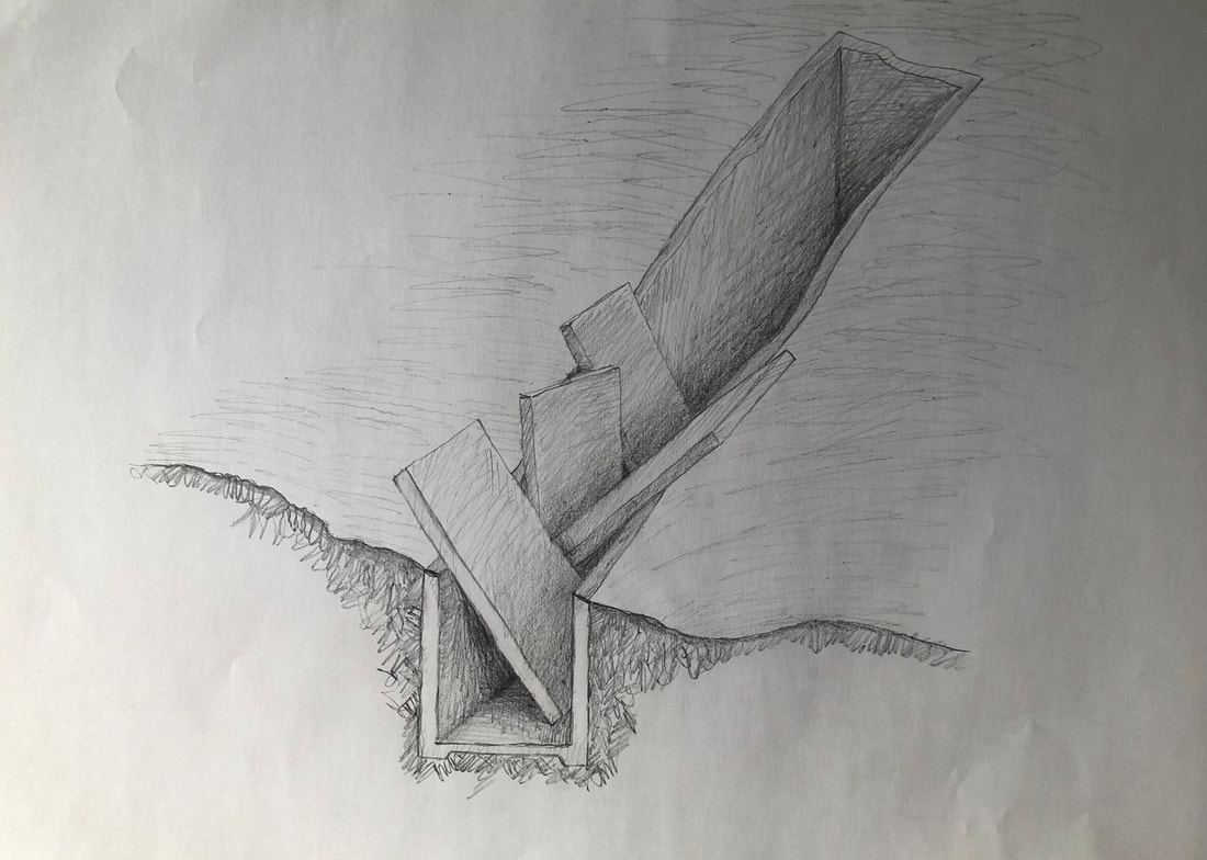 Pencil sketch — gallery emerging from the hillside