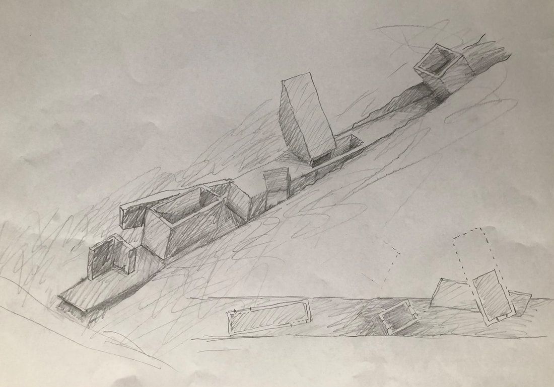 Pencil sketch — gallery axonometric with plan