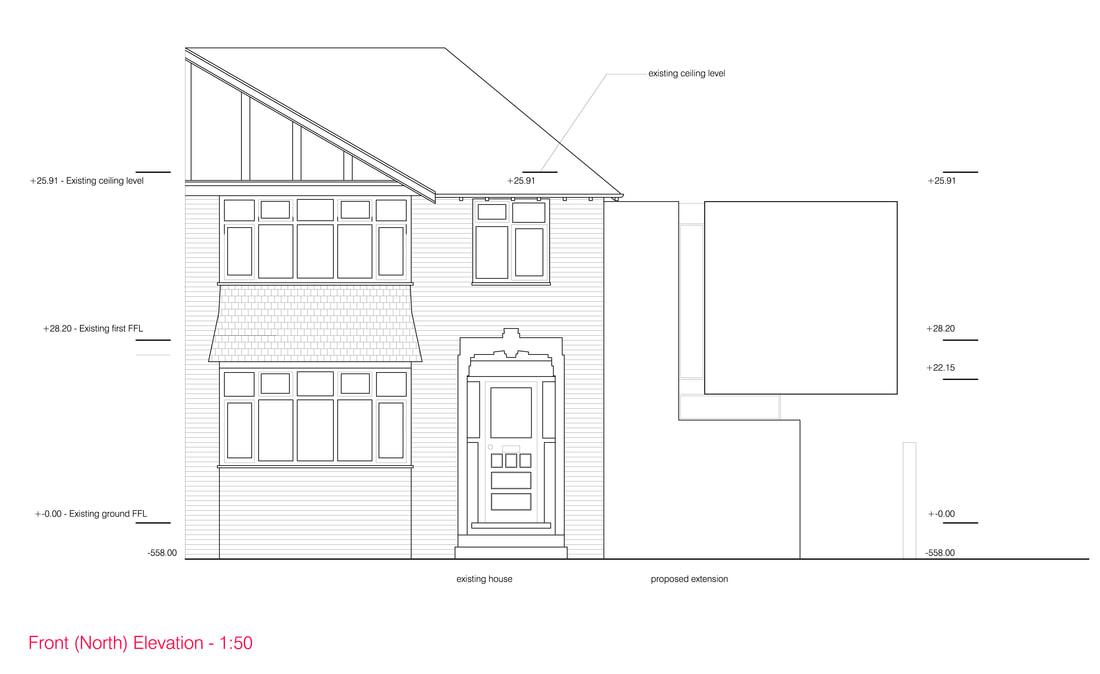 Front elevation drawing — eaves alignment clearly shown