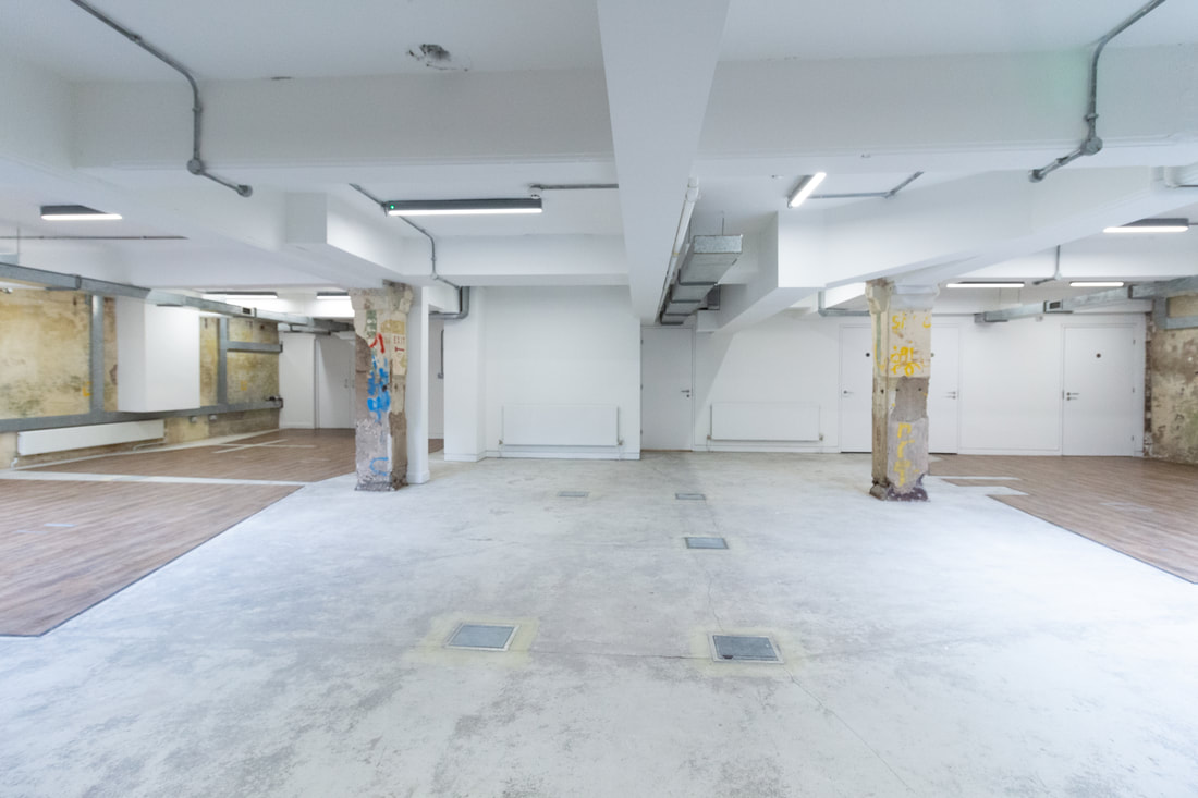 Wide angle view of the raw basement space