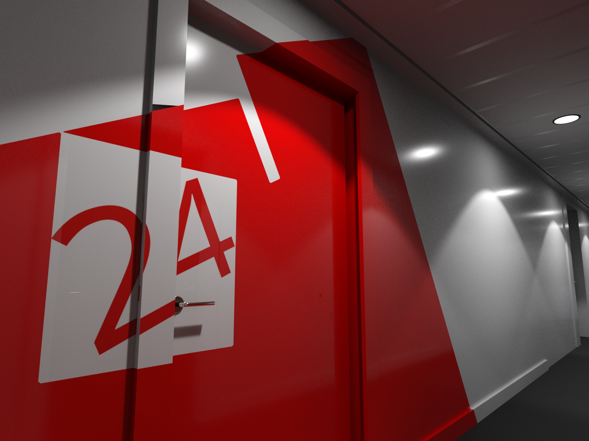 Red-lit entrance corridor with strip lighting