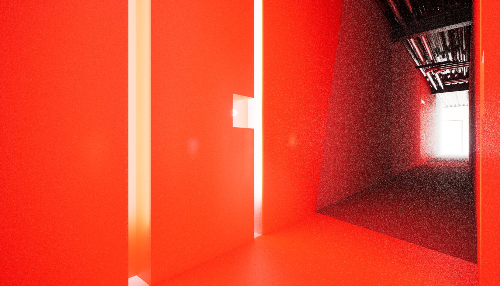 Courtyard at night — red-lit alley between mill buildings