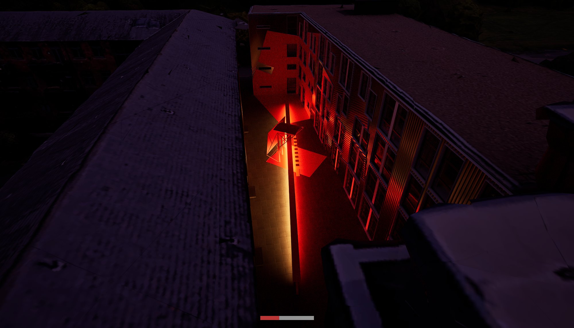 Illuminated steel beam bench and canopy in courtyard at dusk