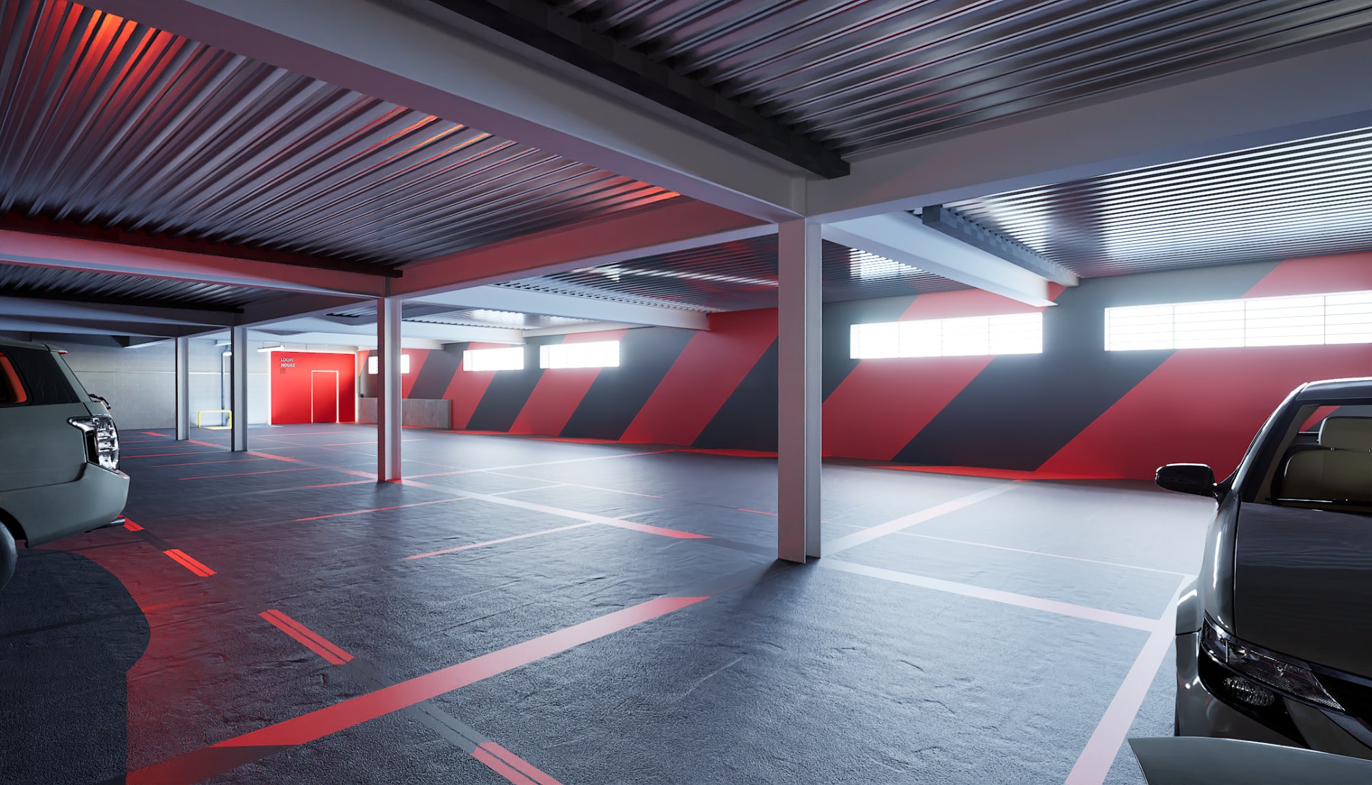 Car park with red and black diagonal supergraphics
