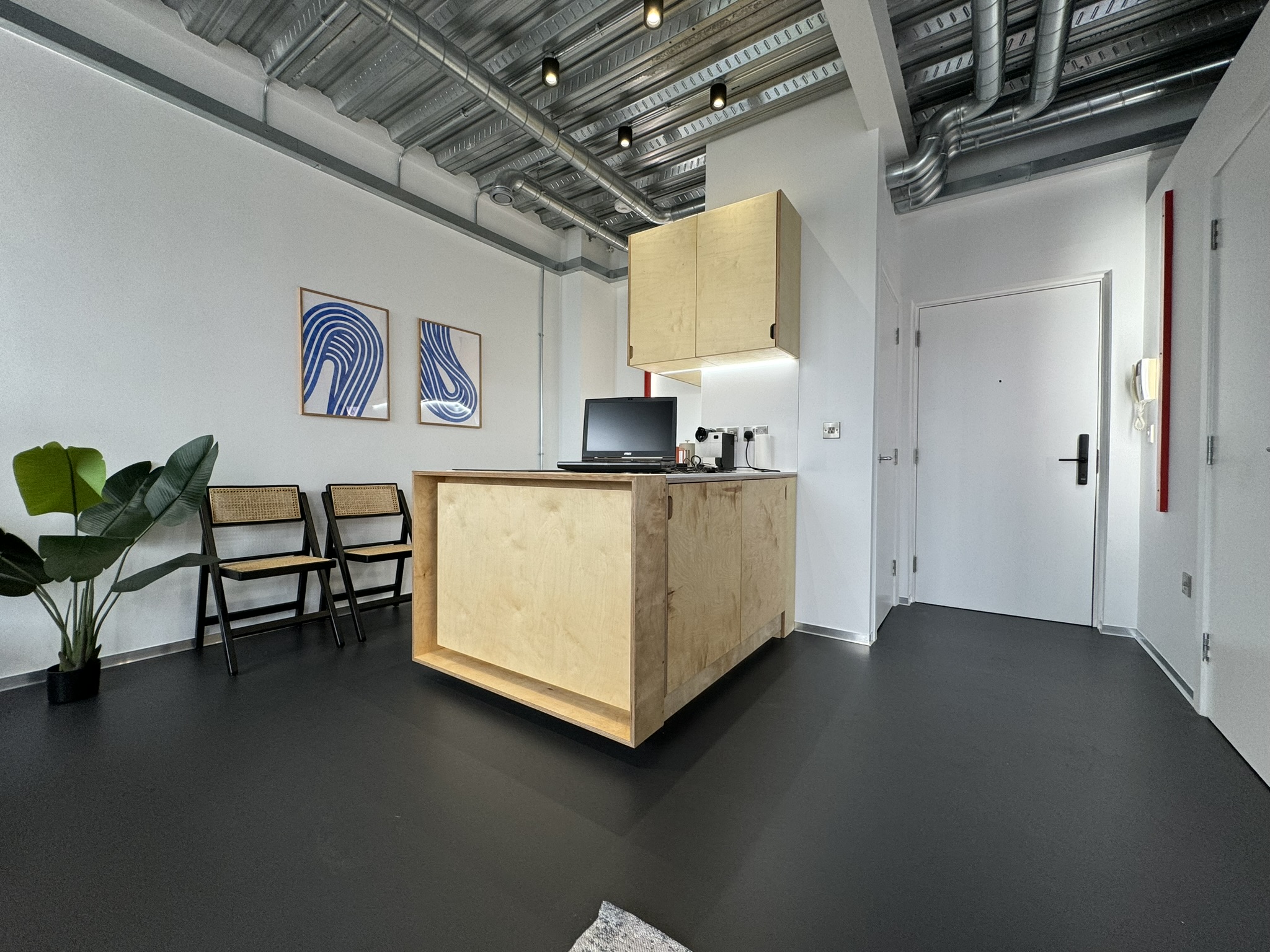 Apartment interior — birch ply kitchen island, dark floor, industrial ceiling