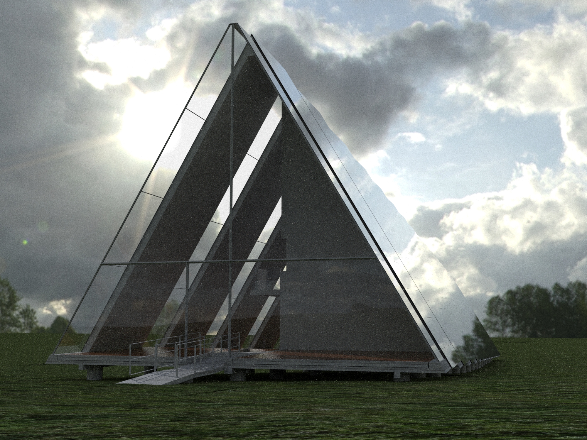 Front perspective render of triangular Essex incubator building