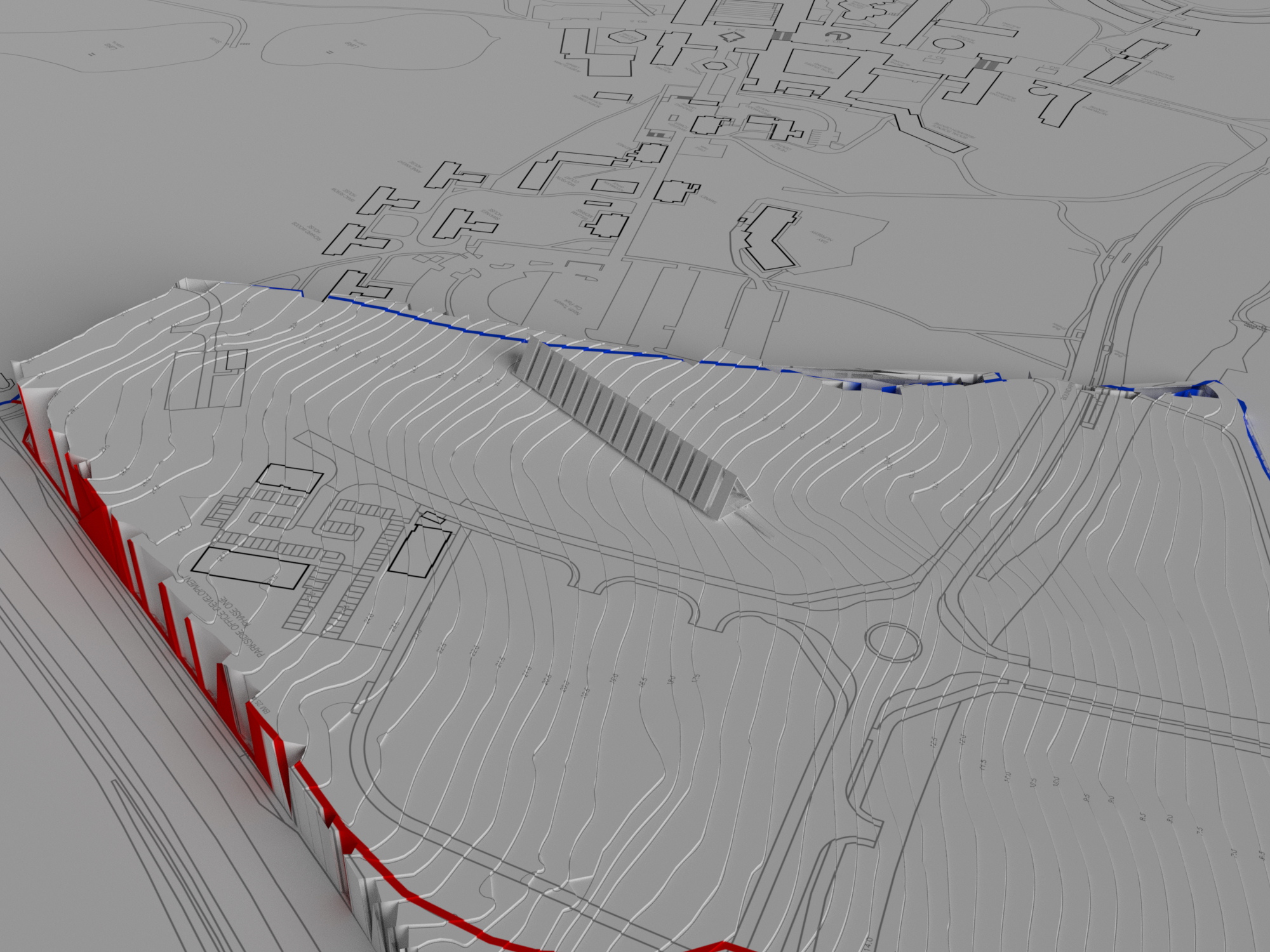Campus terrain model showing project alignment across contours