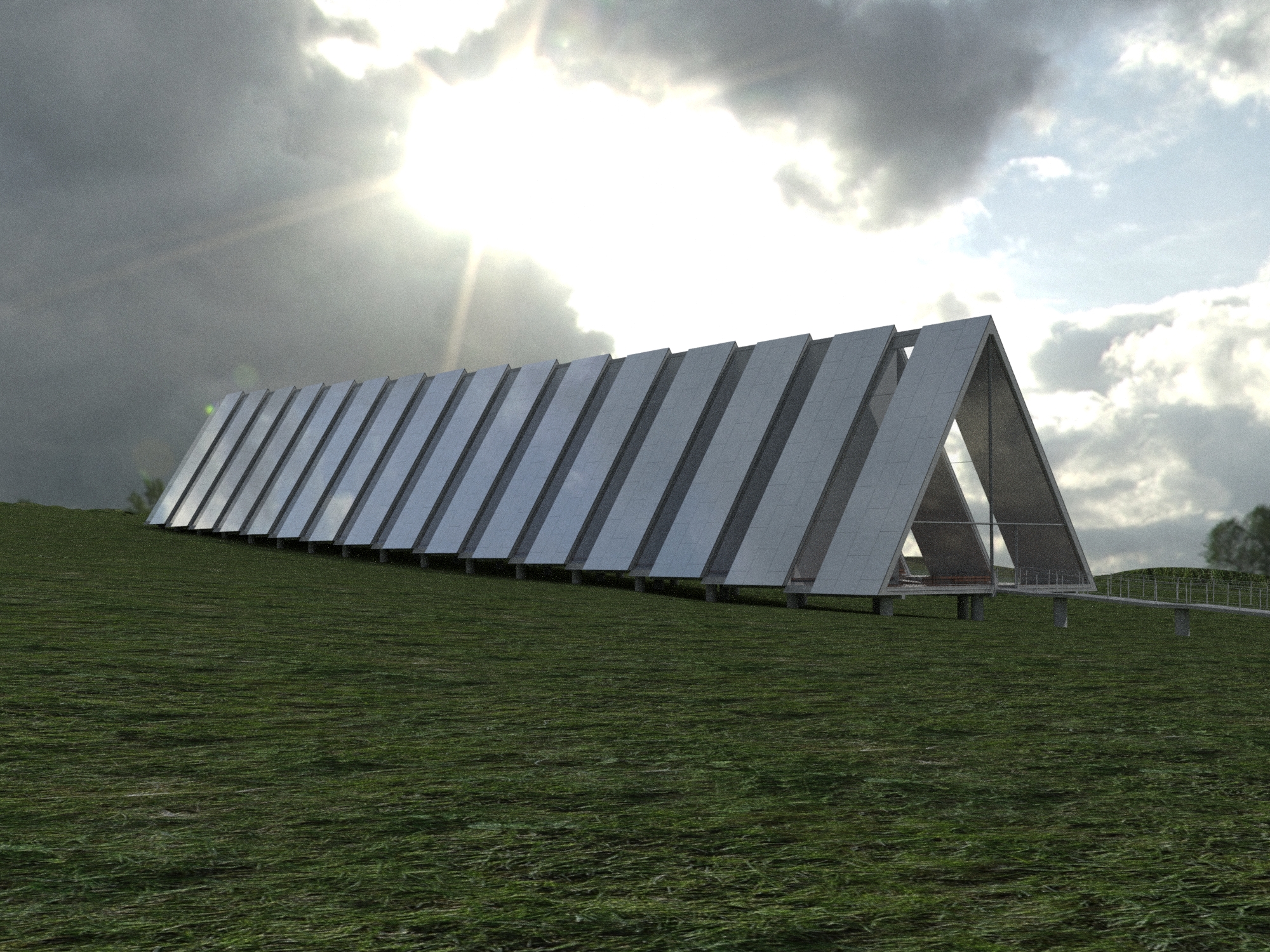 Long elevation render of repeated triangular frames