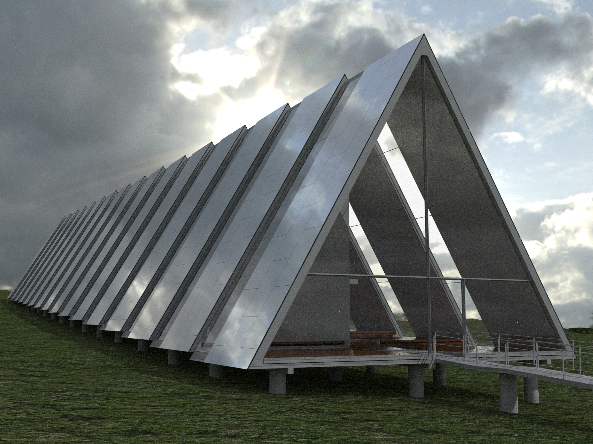 Close perspective of triangular entrance and repeated frame structure