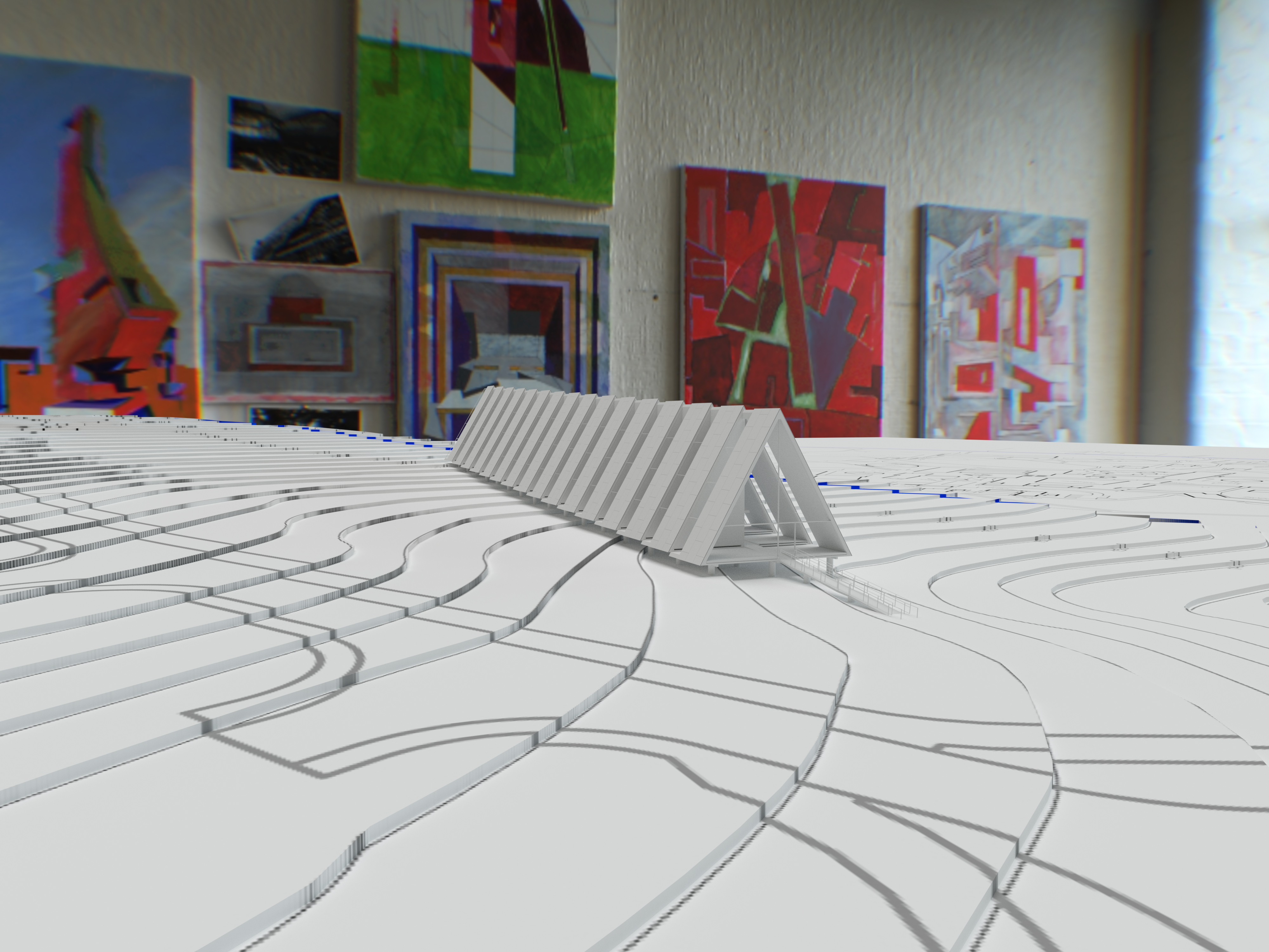 Physical model long view on topographic campus base
