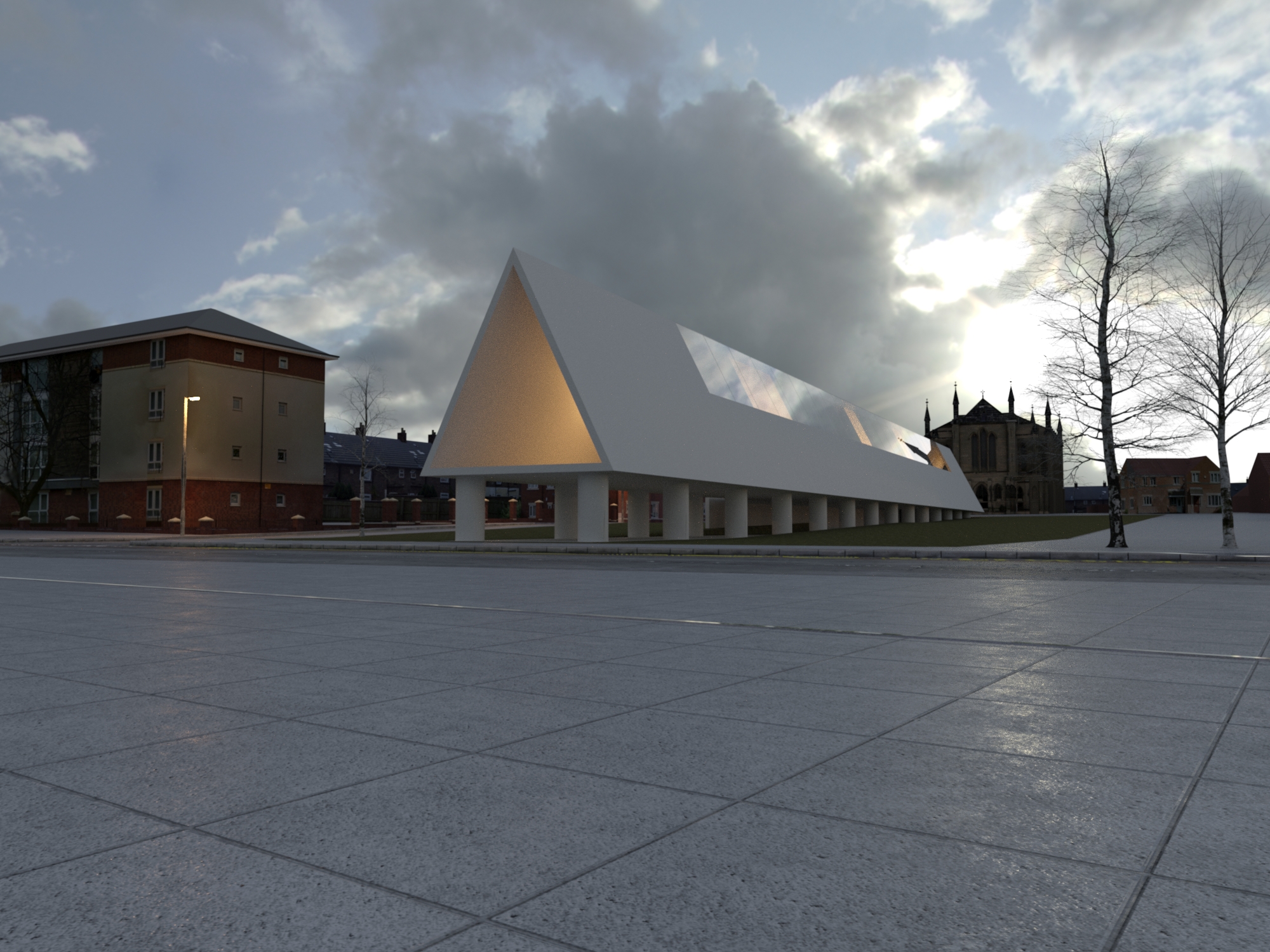 Evening perspective of triangular Everton Well-being Centre