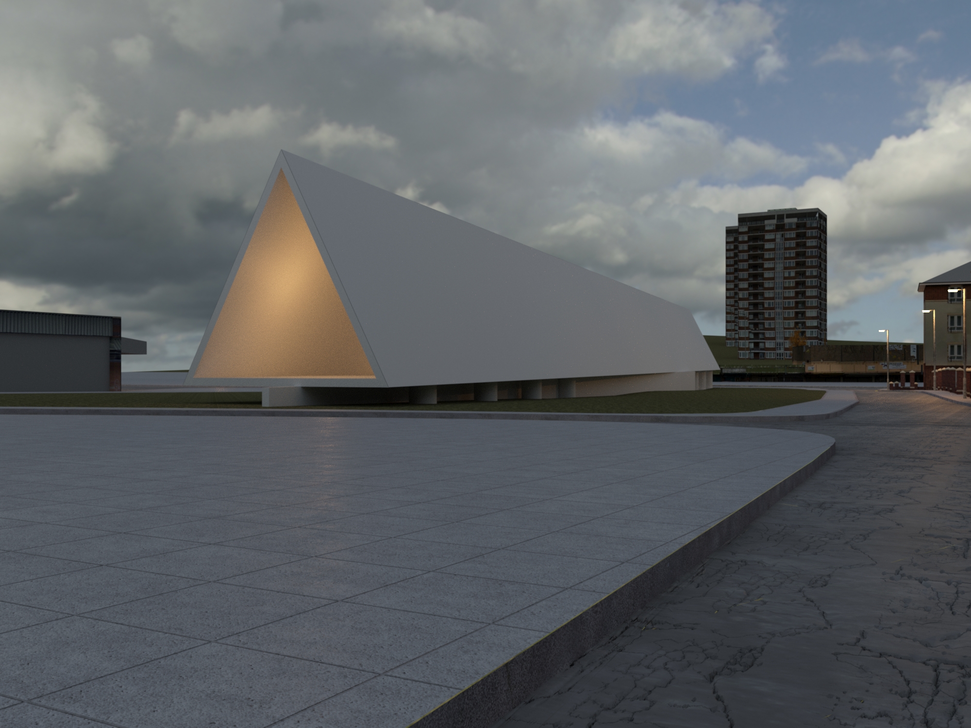 Long side elevation of triangular form in urban context