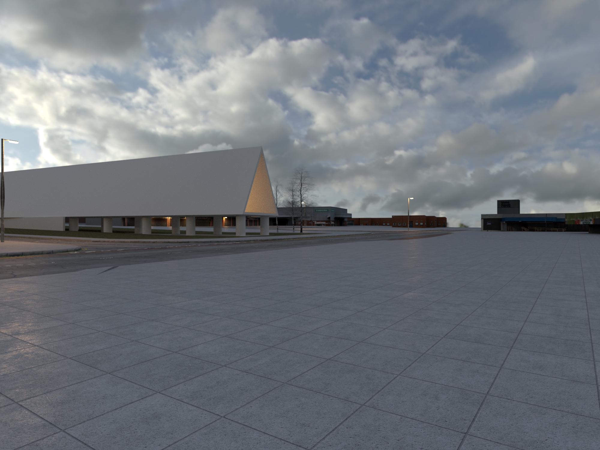 Long triangular building elevated on columns