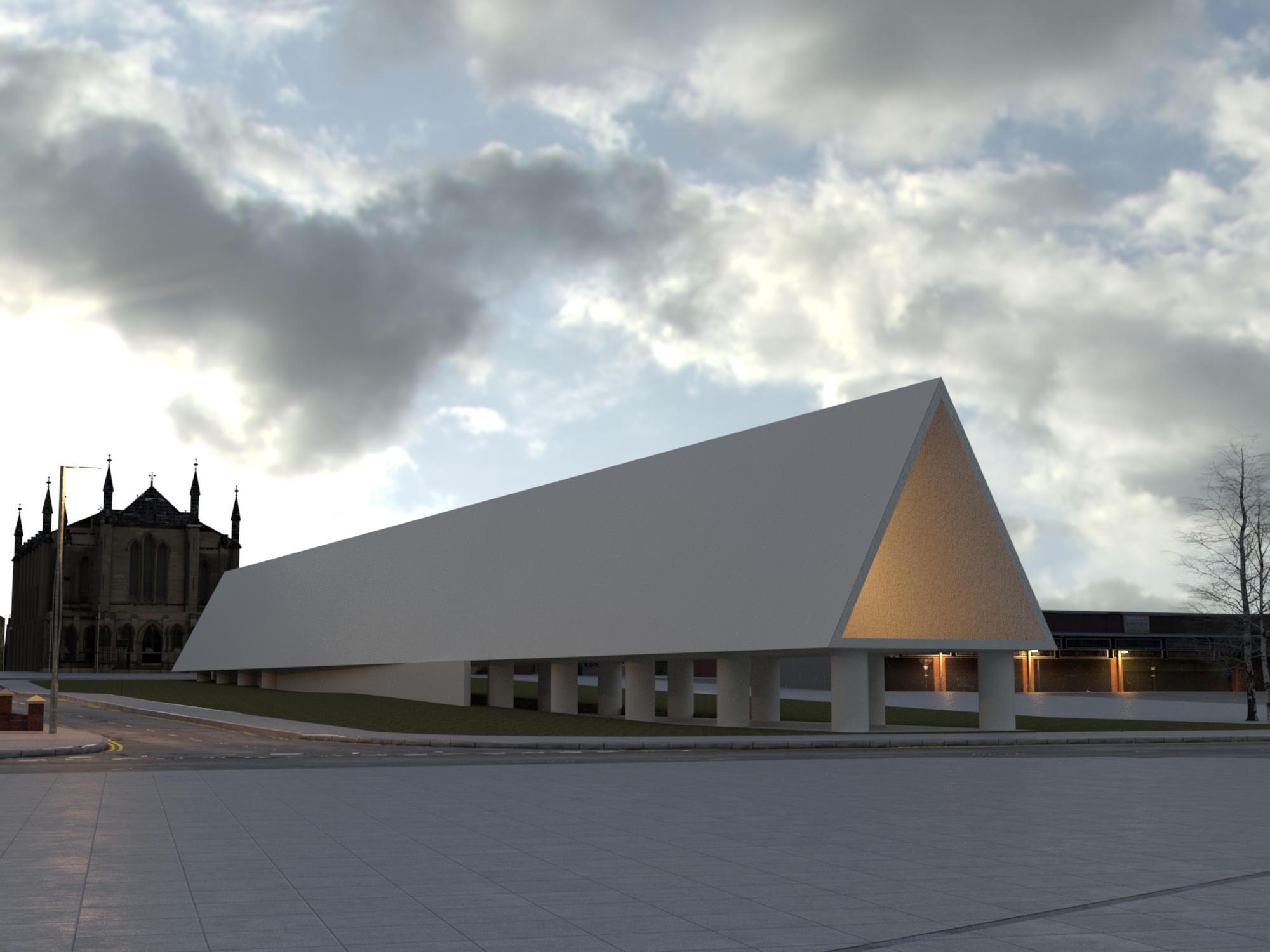 Perspective view with church and triangular building