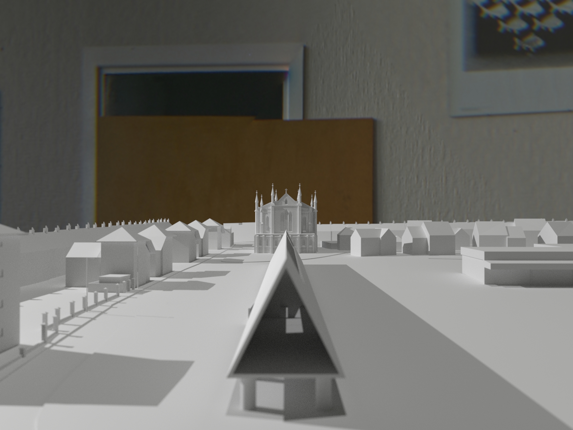 Model looking along street toward church and triangular centre