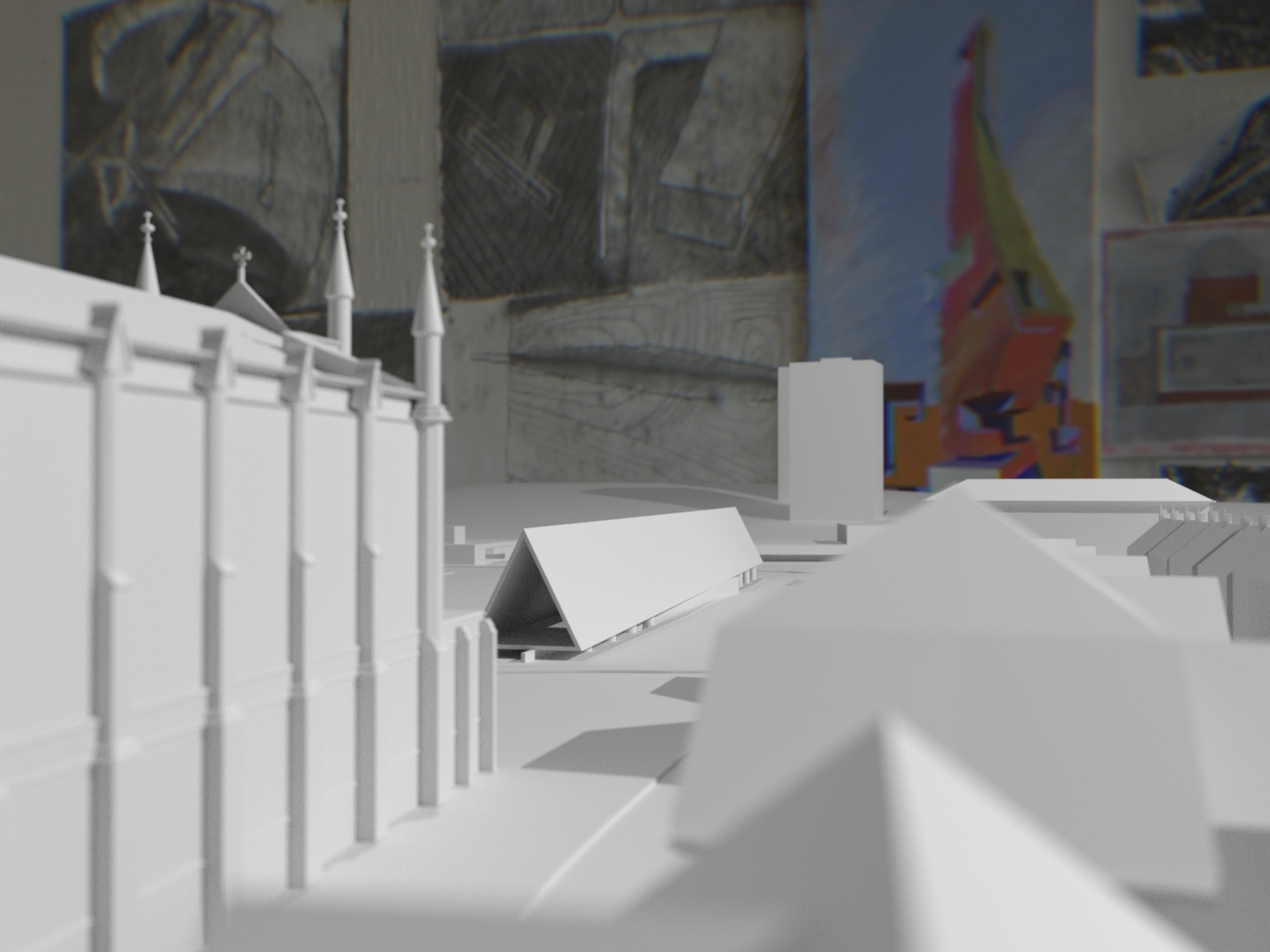 Model with church and proposed building in background