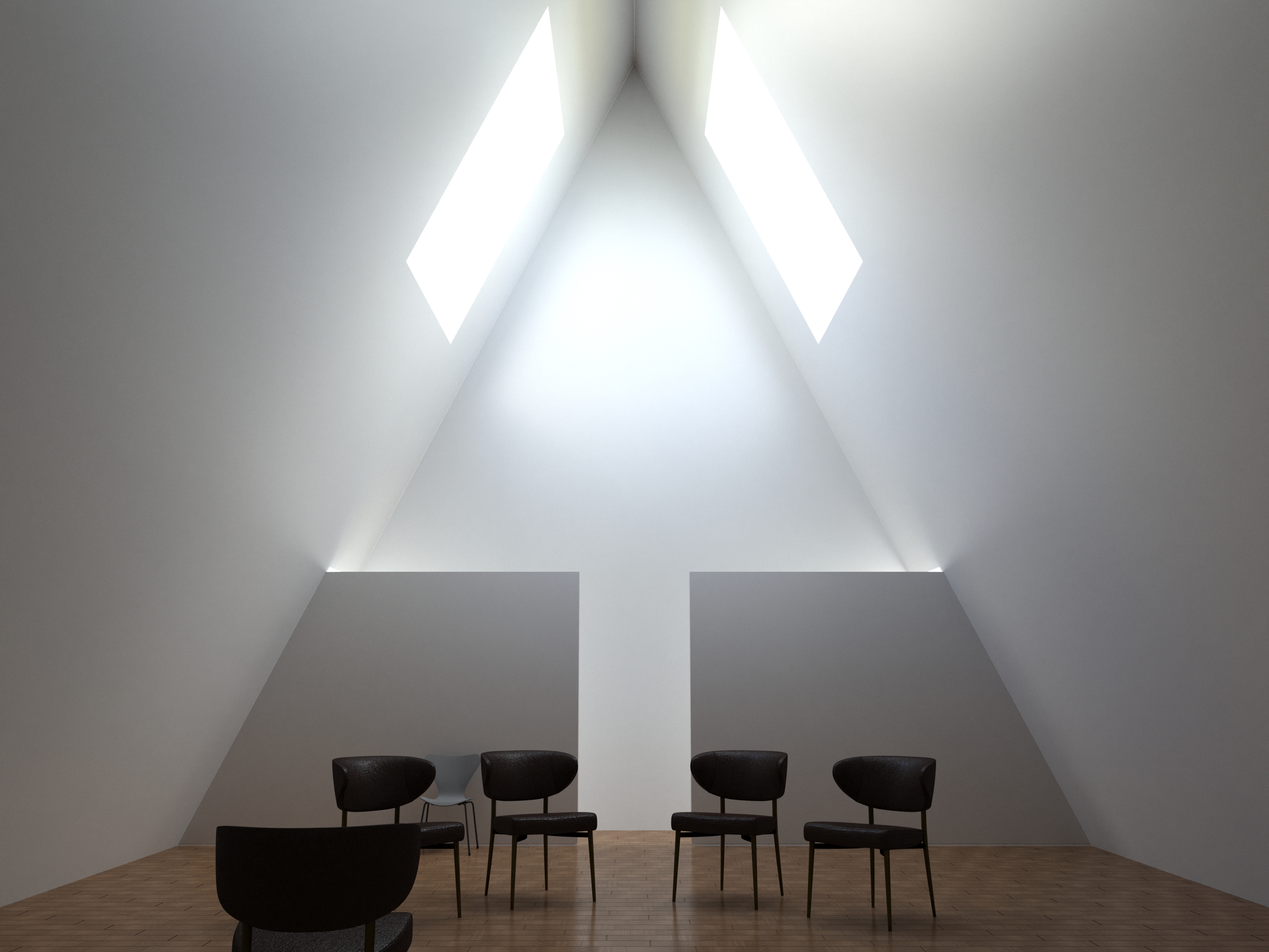 Interior visualization of communal hall with seating under triangular roof