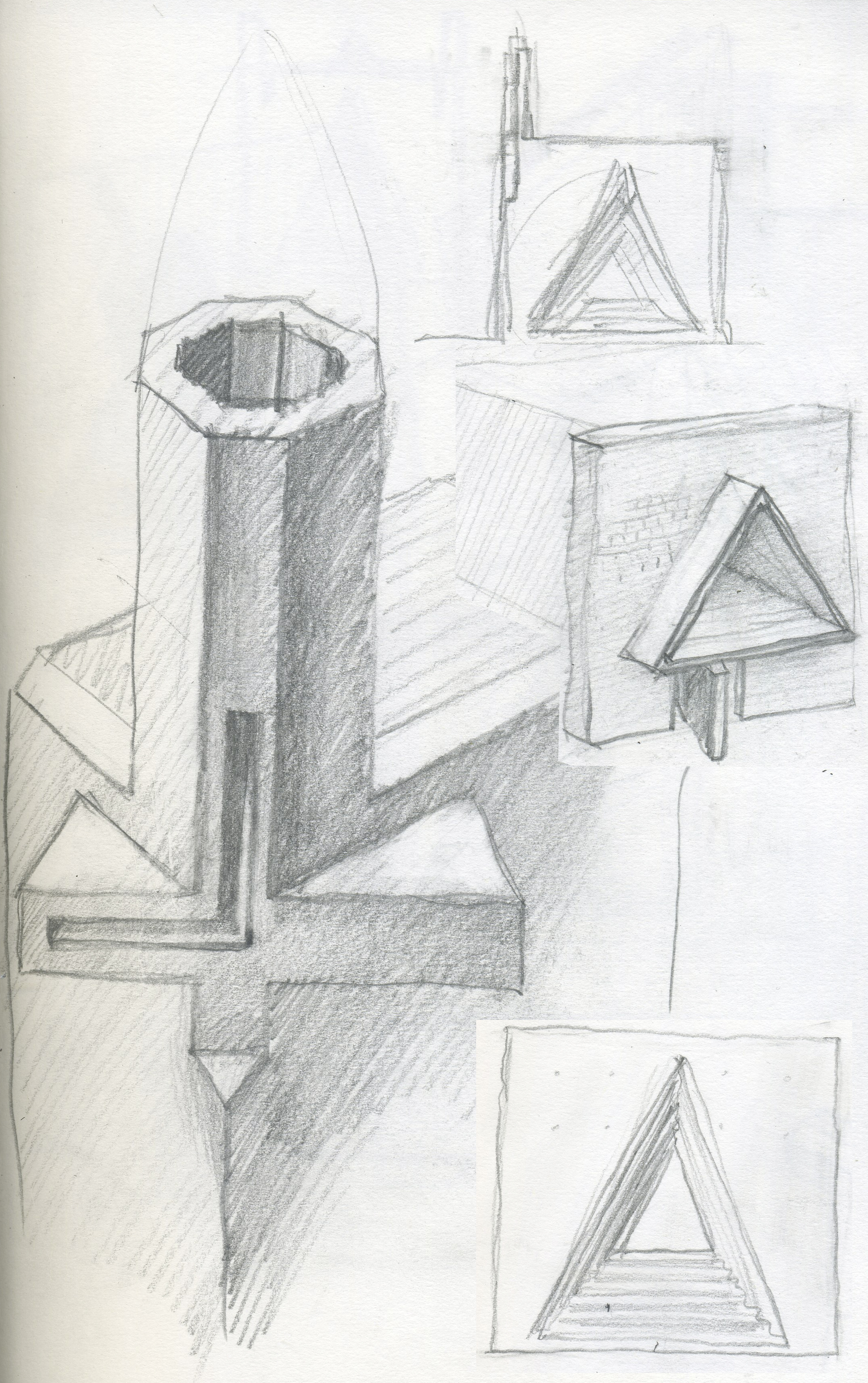 Tall sketch collage exploring triangular opening and sectional ideas