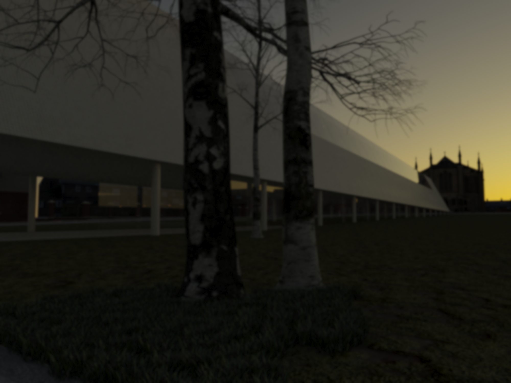 Dusk view of building volume behind birch trees near church