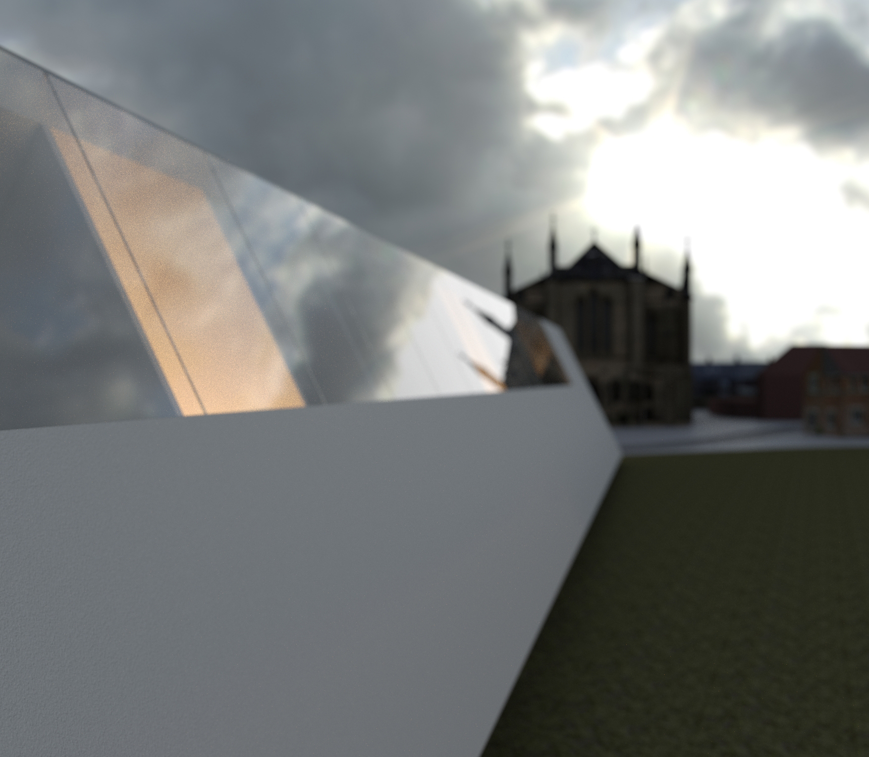 Reflective glazing strip along the triangular facade with St Anthony's in the background