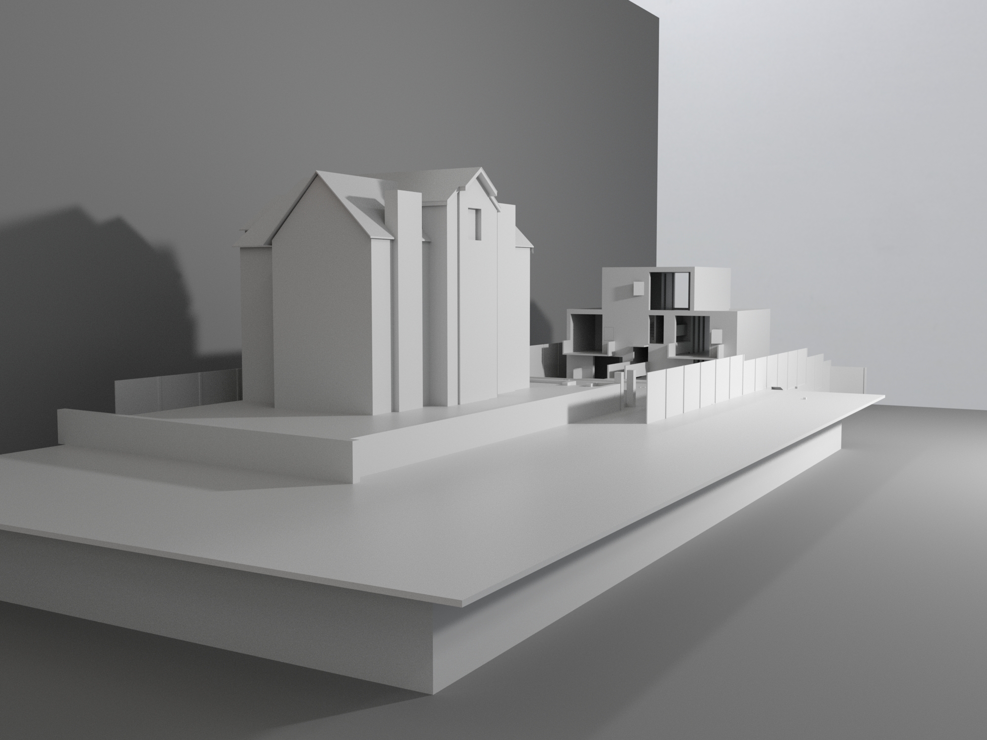 Physical model perspective with existing house in front and new stepped form behind