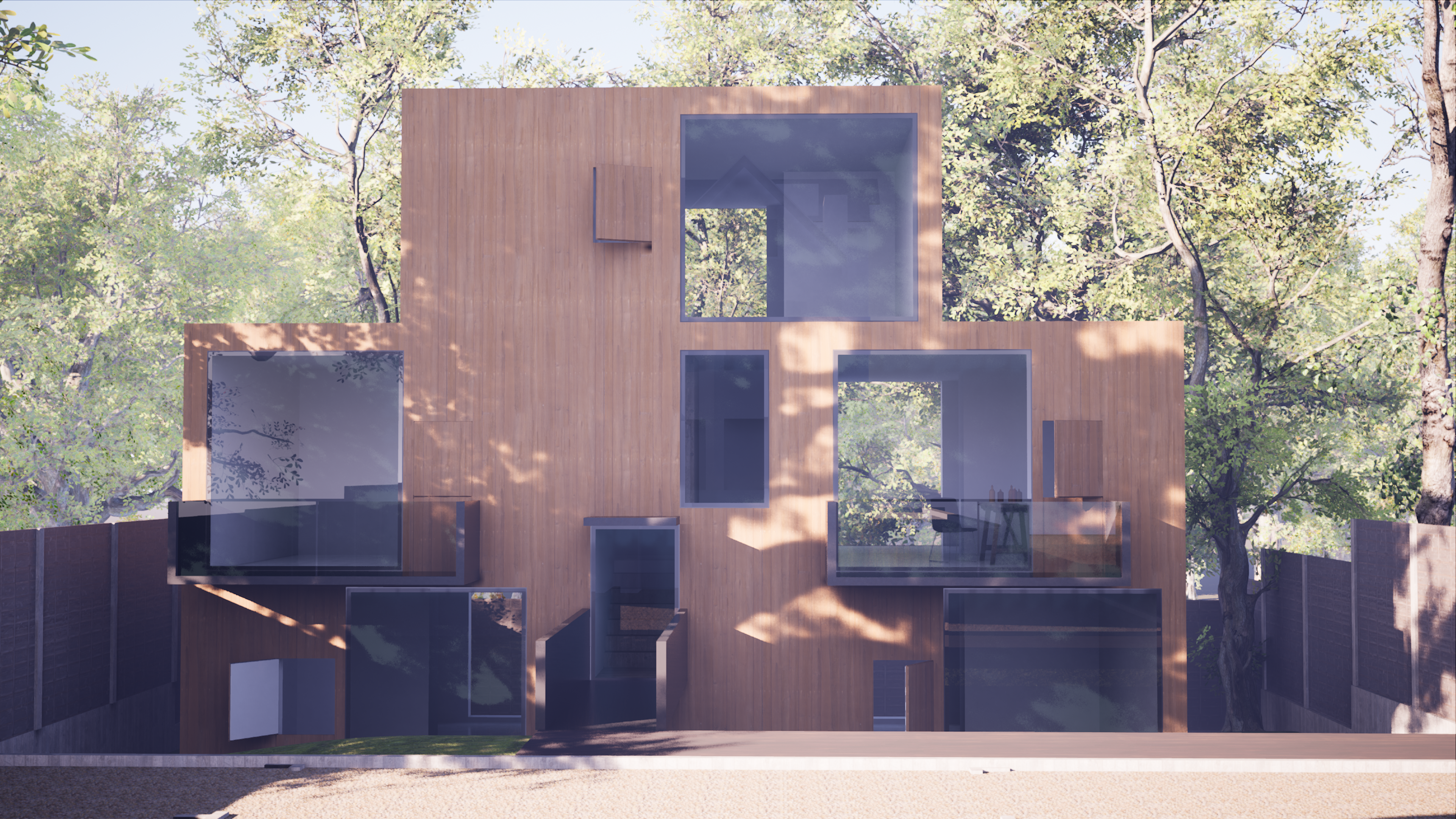 Night render of apartment building with internal coloured lighting