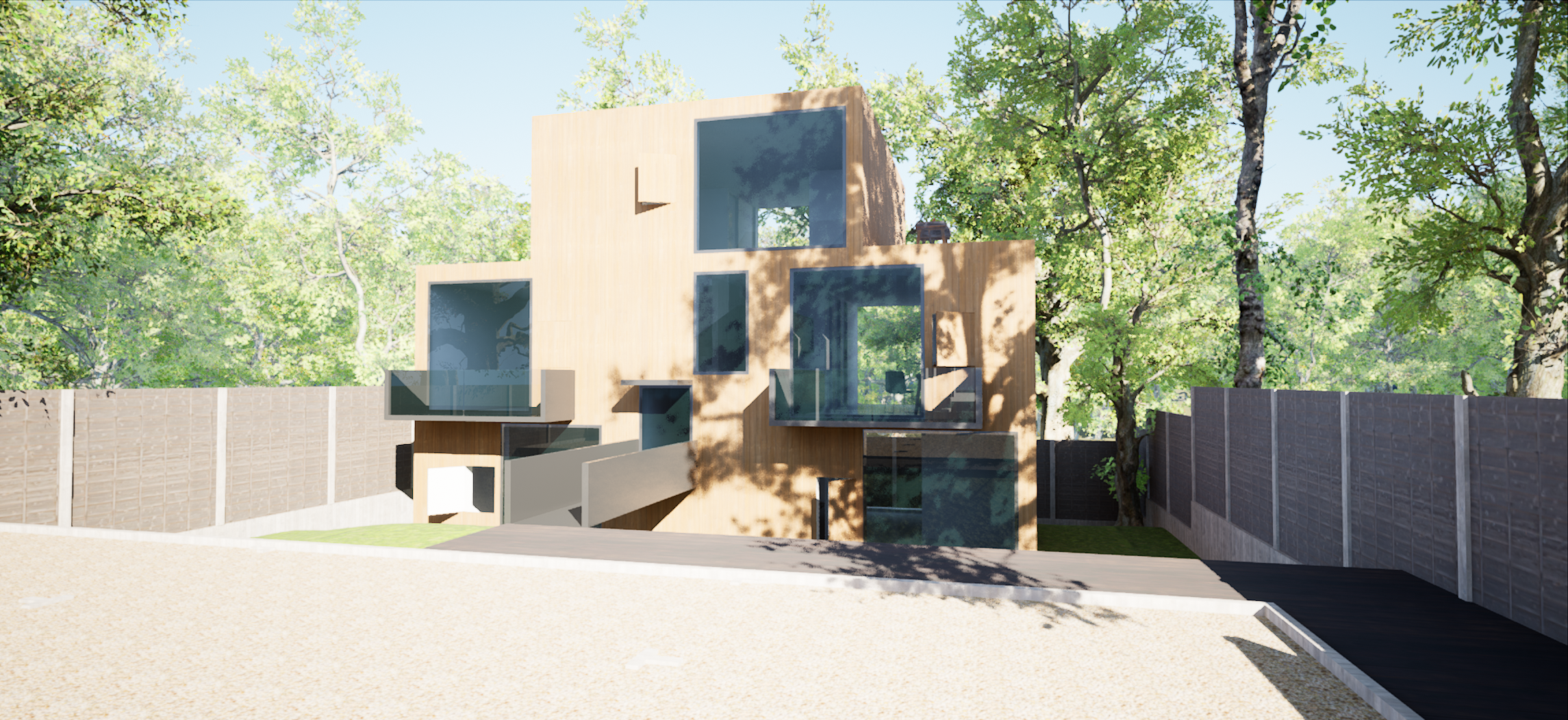 Wider daytime render of the apartment building in tree-lined setting