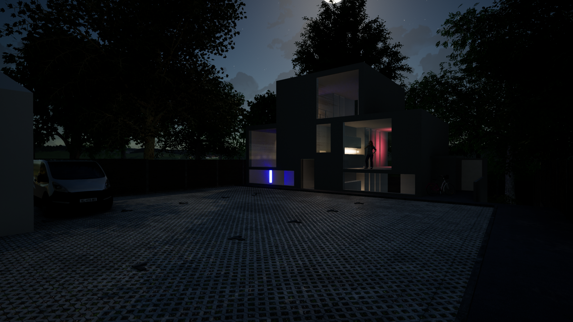 Daytime render of timber-clad apartment building with deep window openings