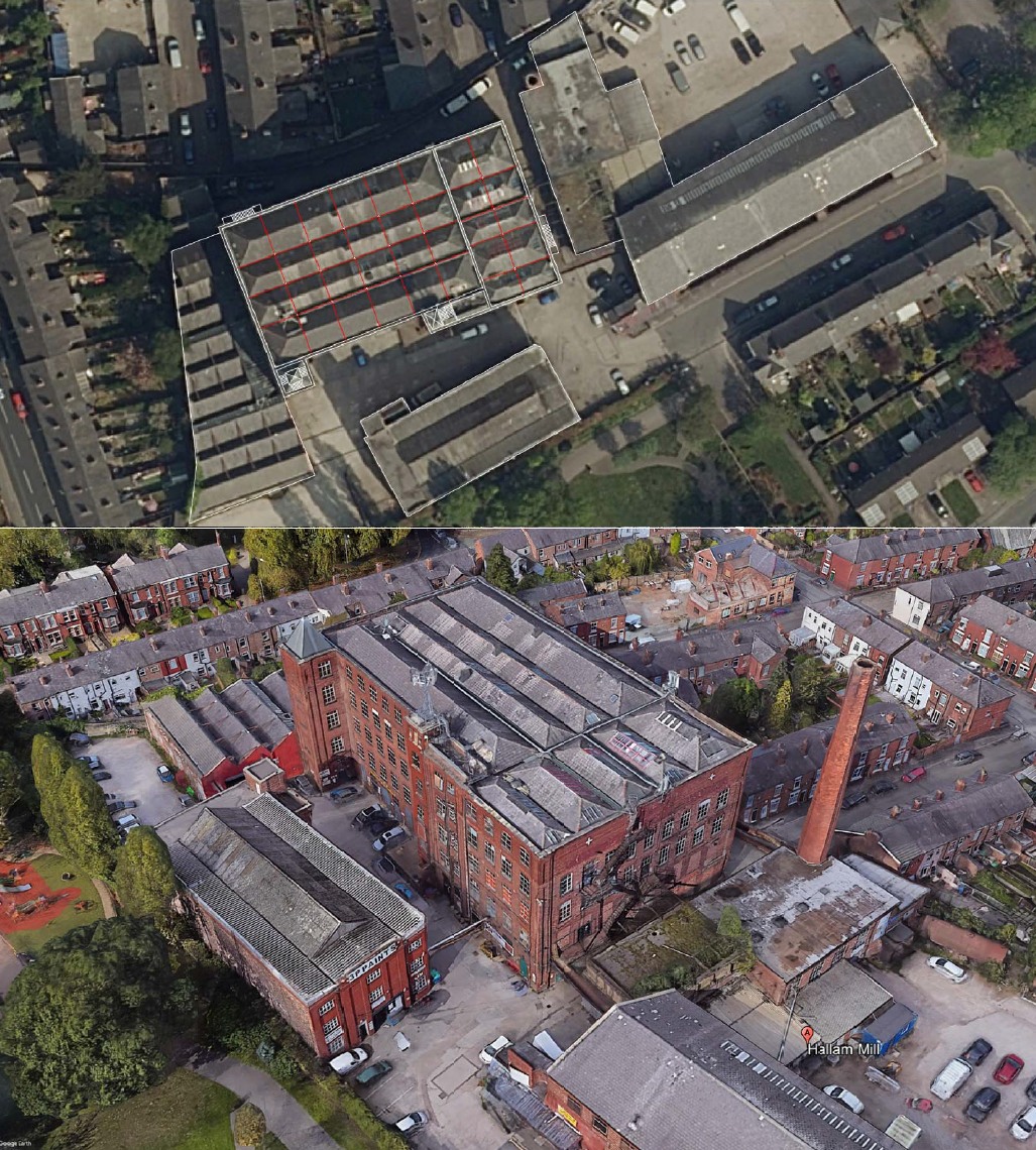 Hallam Mill — Google Earth aerial with structural grid overlay and 3D aerial view