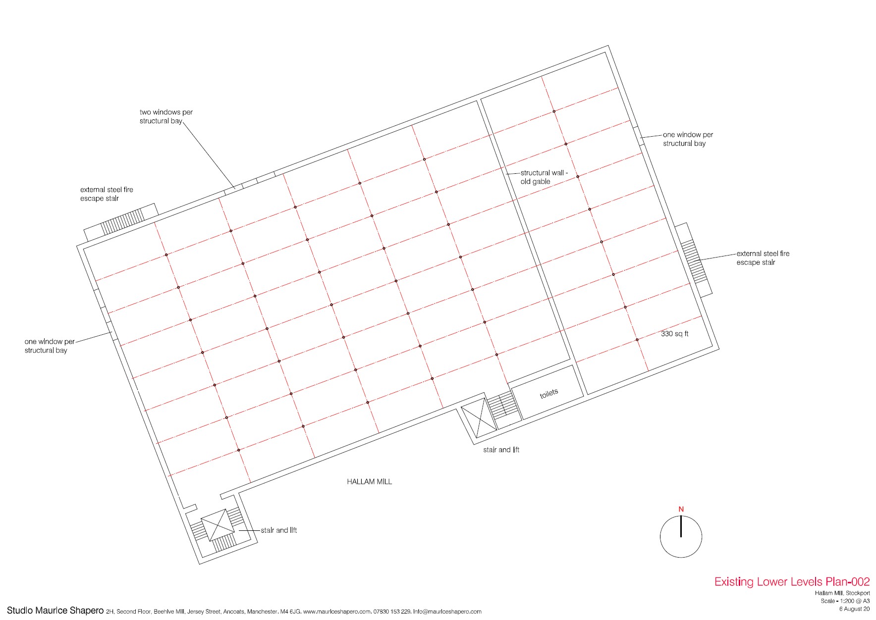 Hallam Mill — existing lower levels plan showing structural grid