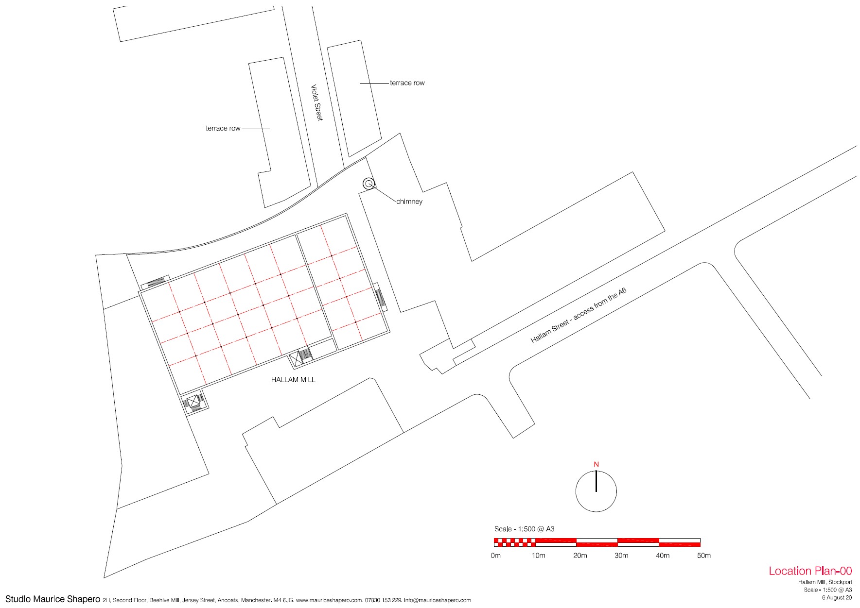 Hallam Mill — location plan at 1:500 showing site context, access from Hallam Street and surrounding terrace rows