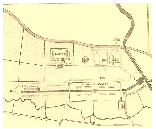 Weedon Royal Ordnance Depot — original 1816 site plan showing Barracks, Storehouse Enclosure and Magazines