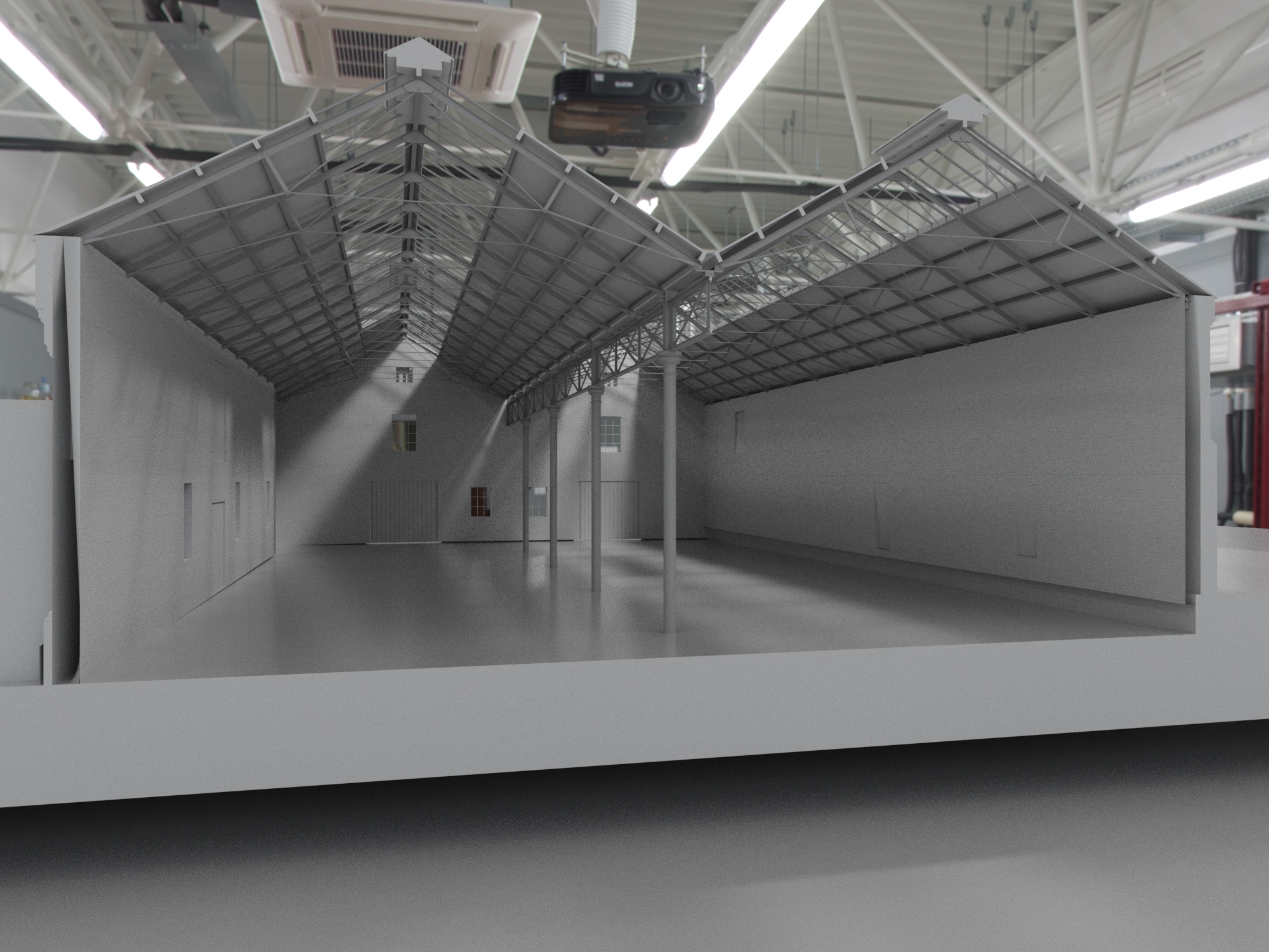 Weedon Royal Ordnance Depot — 3D model cutaway showing interior volume and roof truss structure