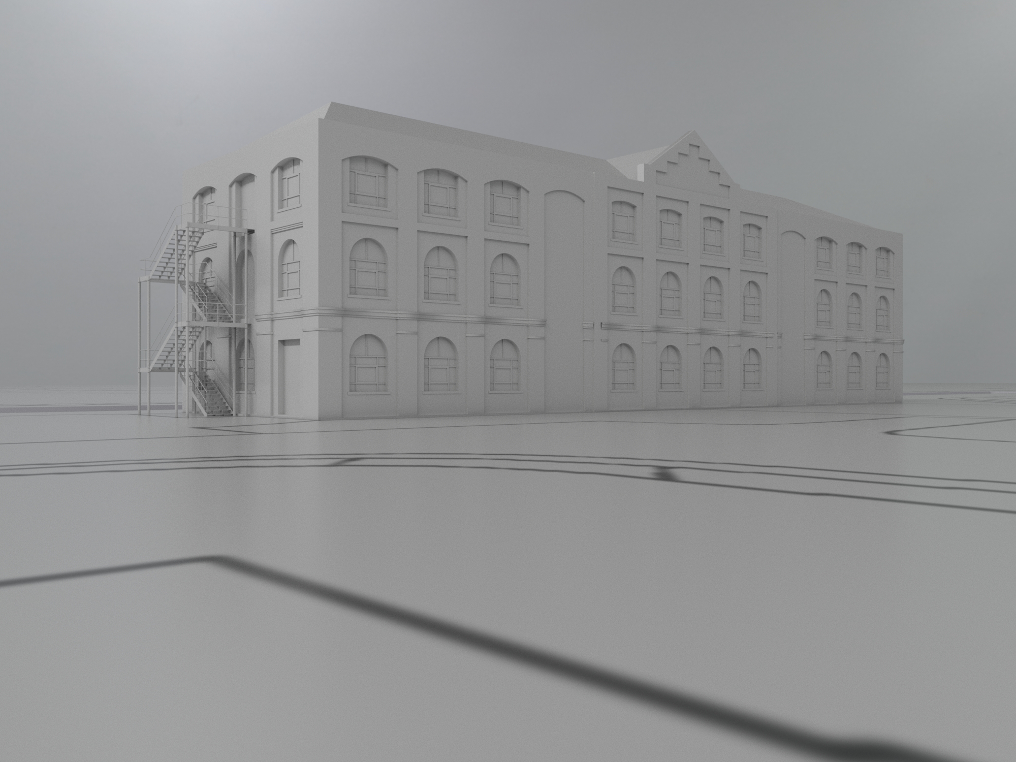 Weedon Royal Ordnance Depot — 3D model of complete storehouse with external fire escape stair