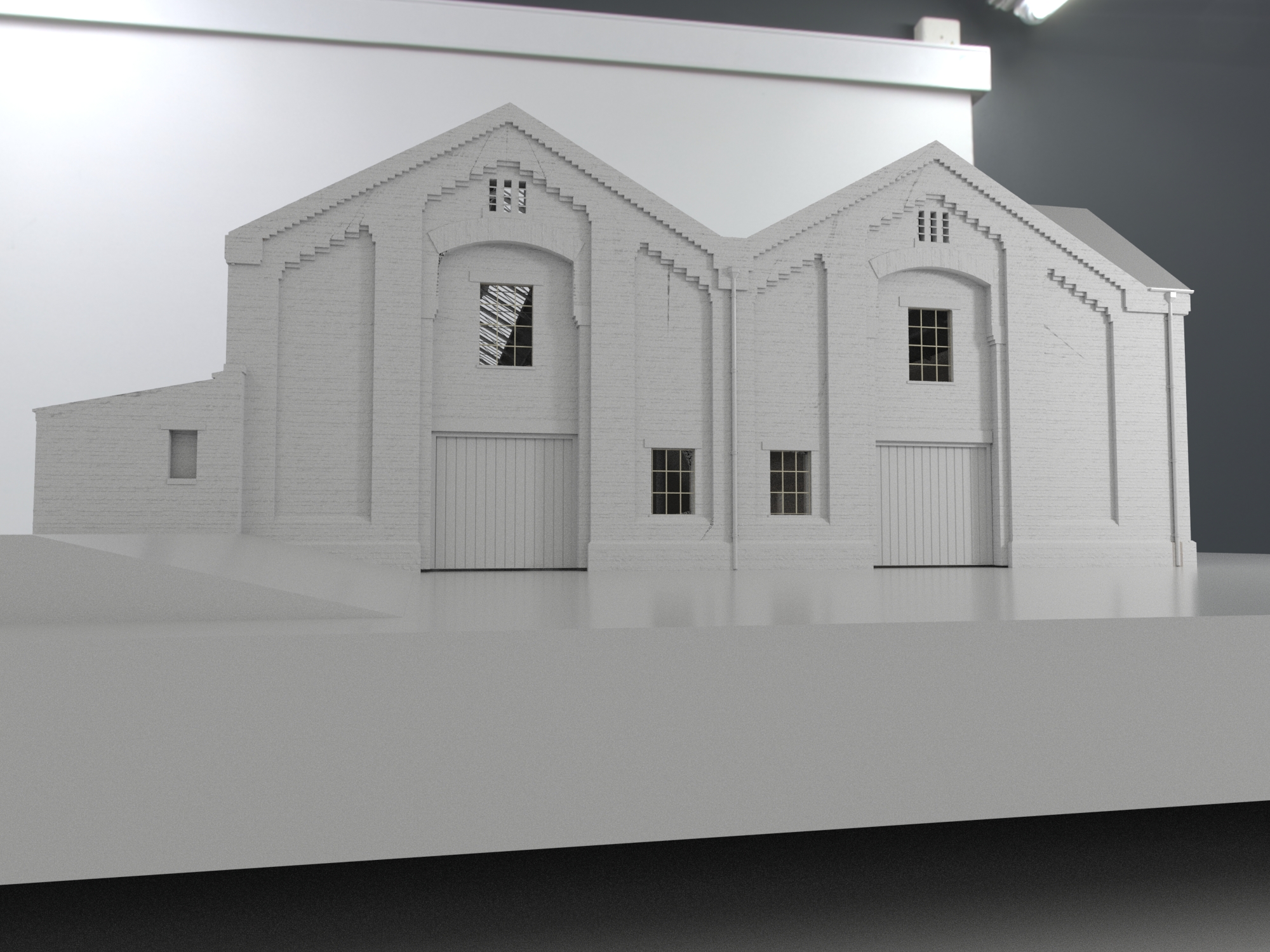 Weedon Royal Ordnance Depot — 3D model close-up of storehouse gable end with arched openings and dentil cornice