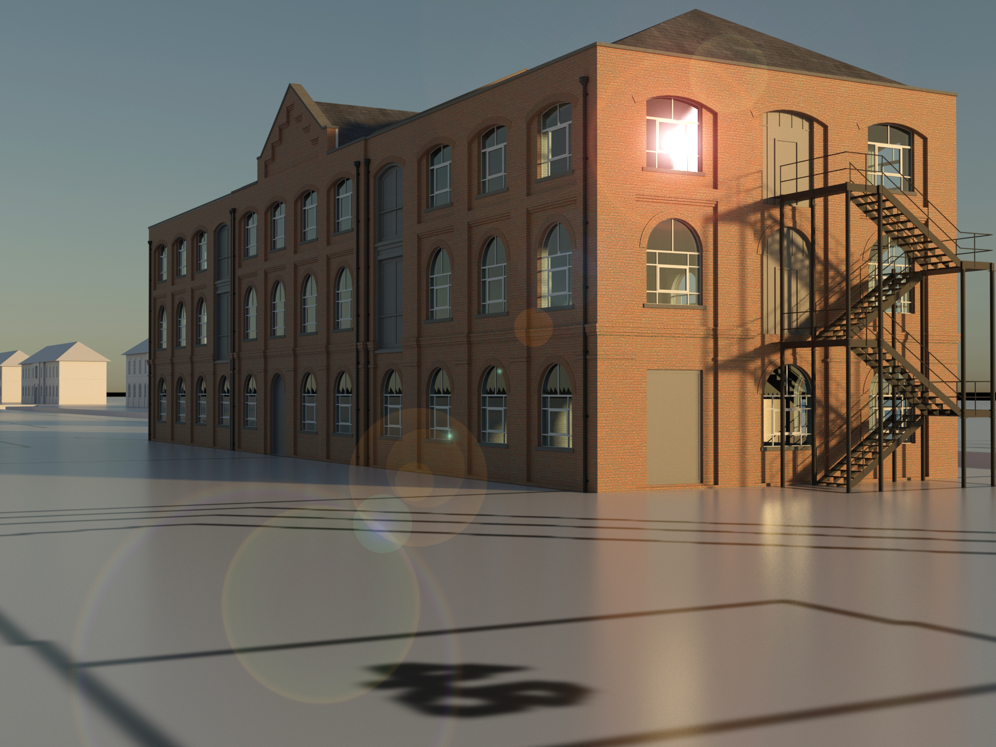 Weedon Royal Ordnance Depot — Building 17 office conversion proposal, exterior dusk view