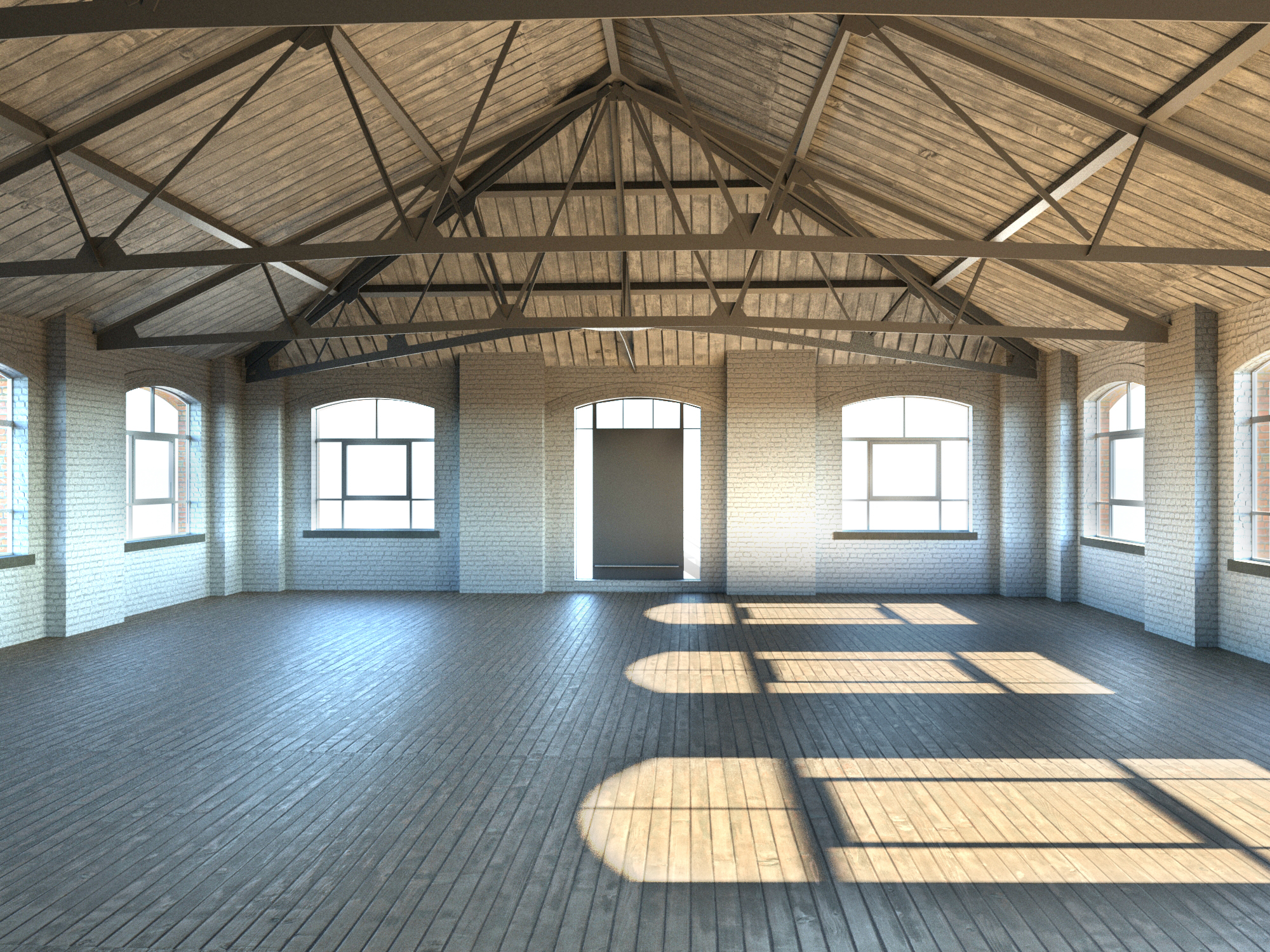 Weedon Royal Ordnance Depot — Building 17 office conversion, interior showing whitewashed brick, timber roof trusses and arched windows with sunlight