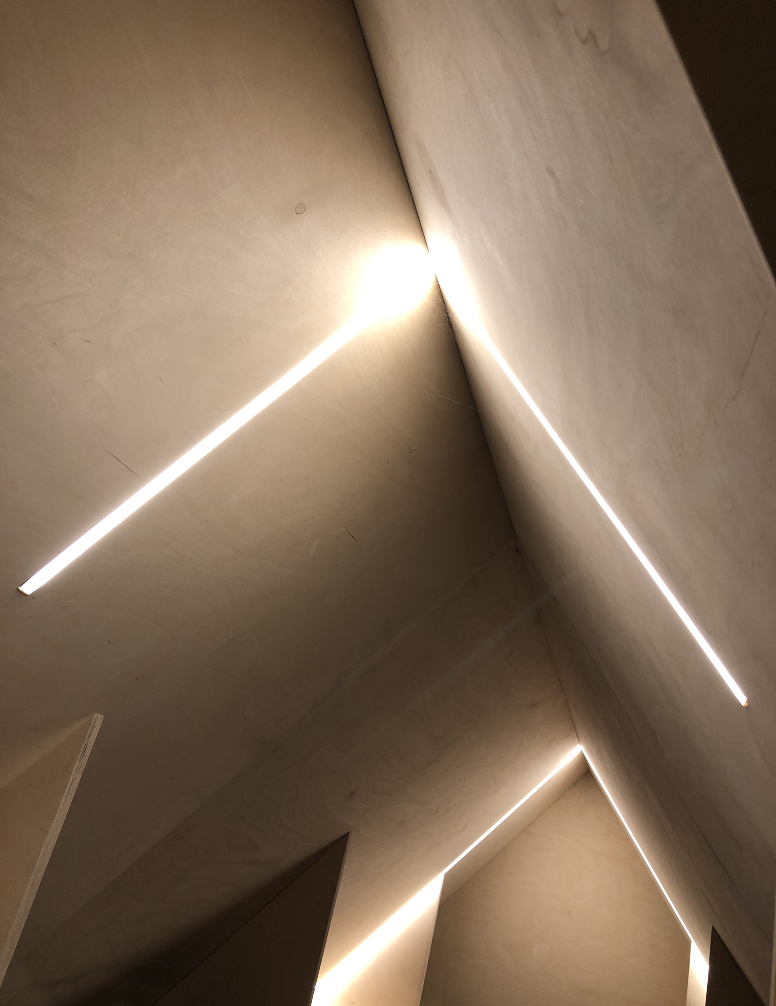 Detail shot of flush linear LED lighting integrated into the birch ply ceiling