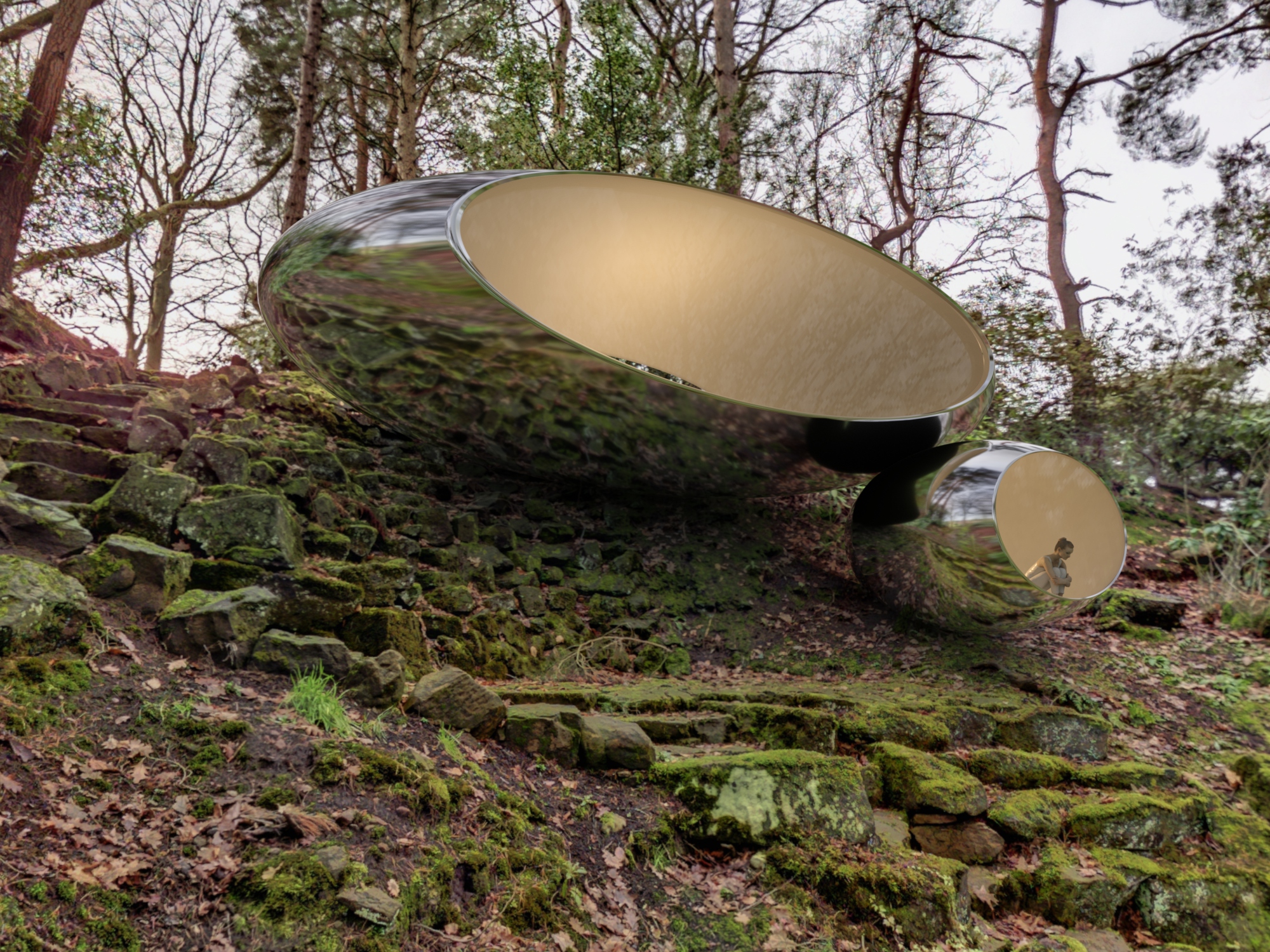 Approach view through mature garden landscape