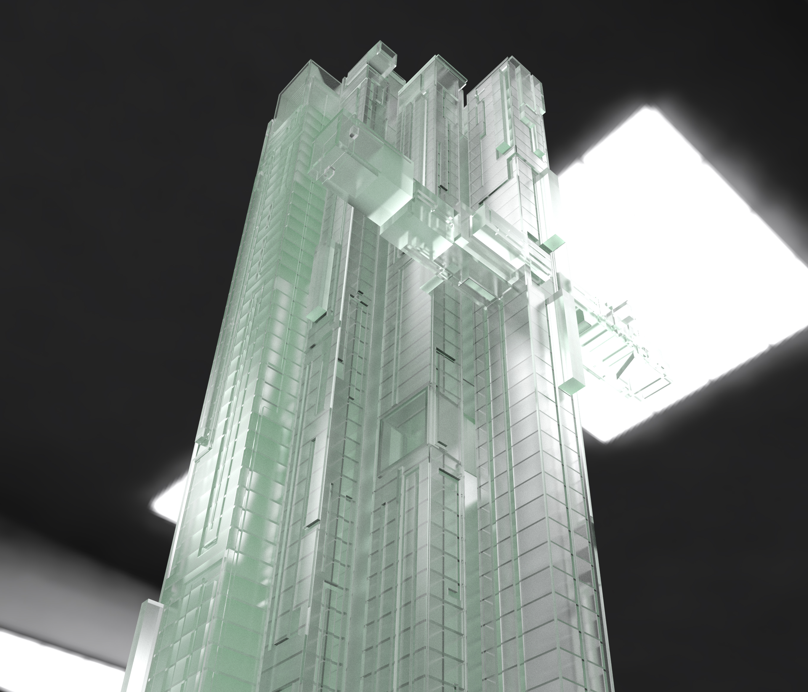 Tower elevation showing stacked obelisk articulation