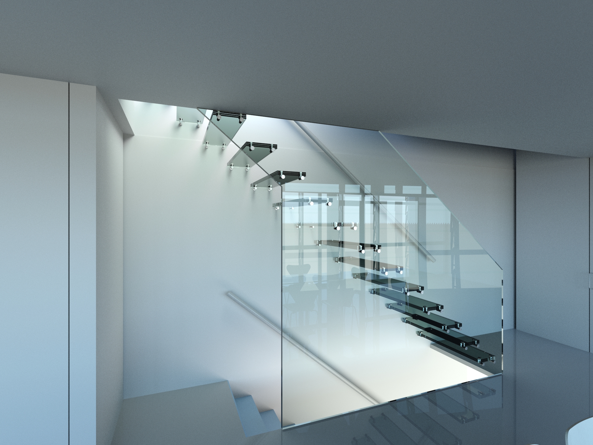 Glazed triplex facade and internal stair view