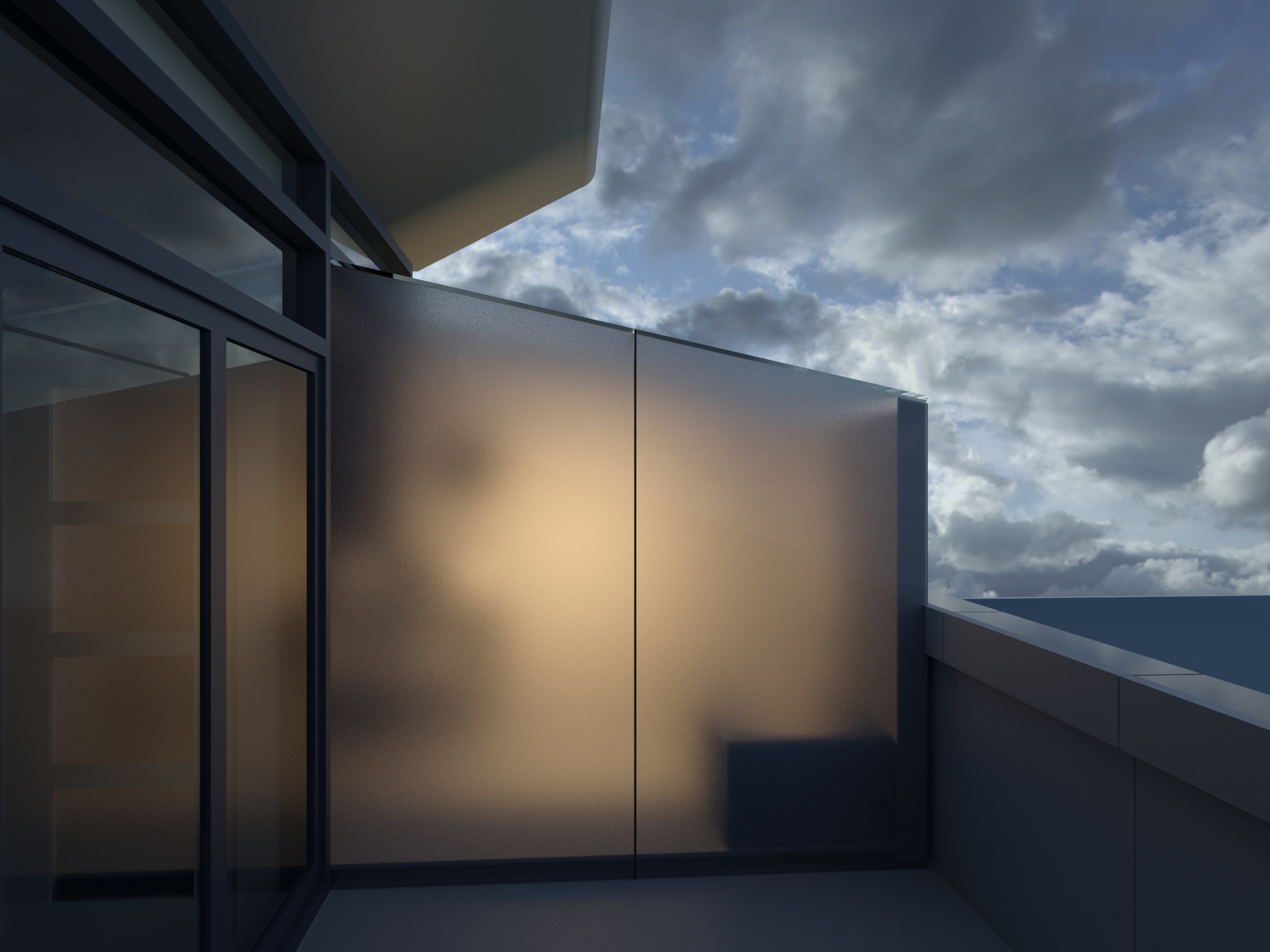 View along structural rhythm of glazed penthouse