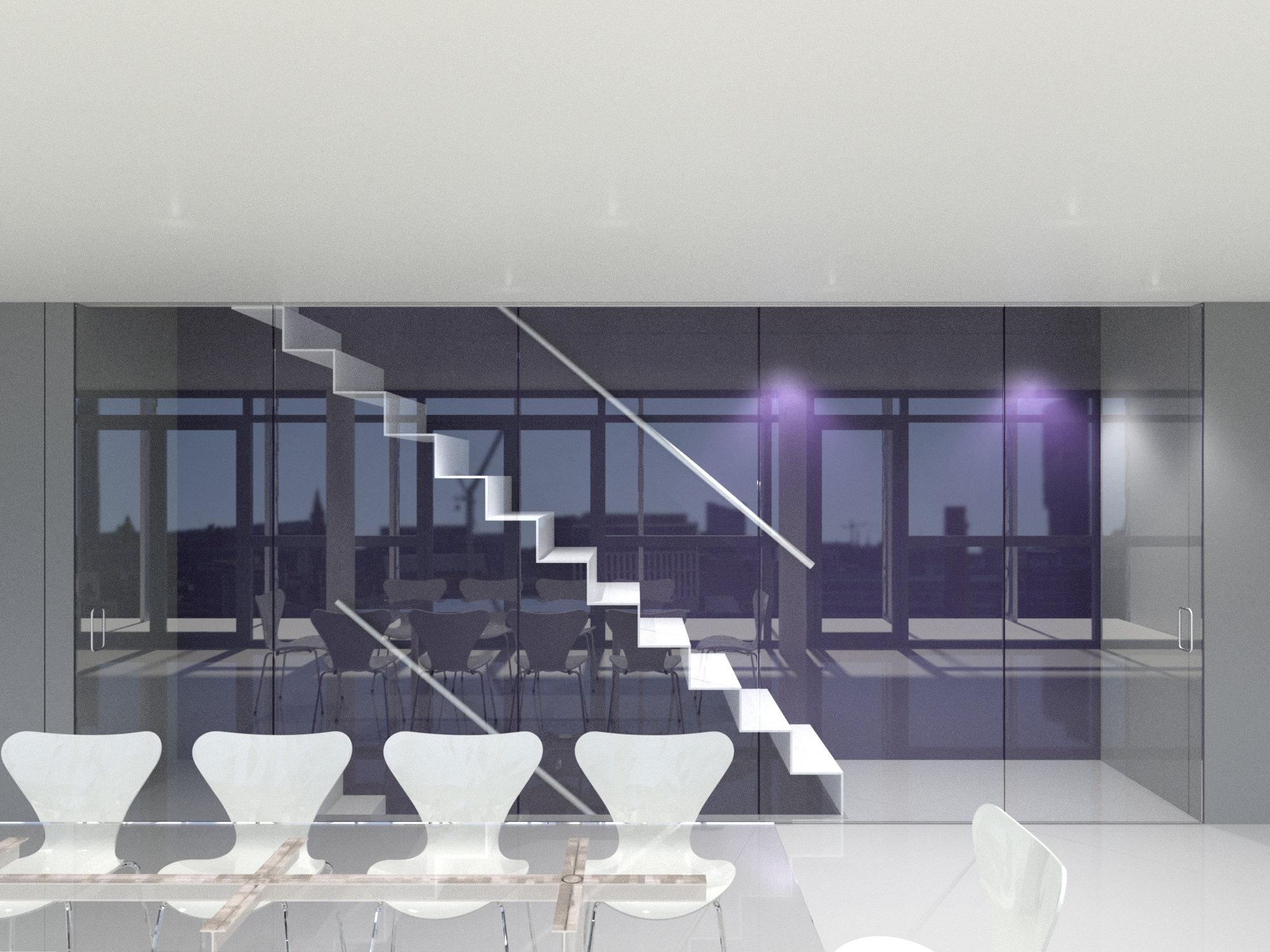 Triplex model-like perspective with city backdrop